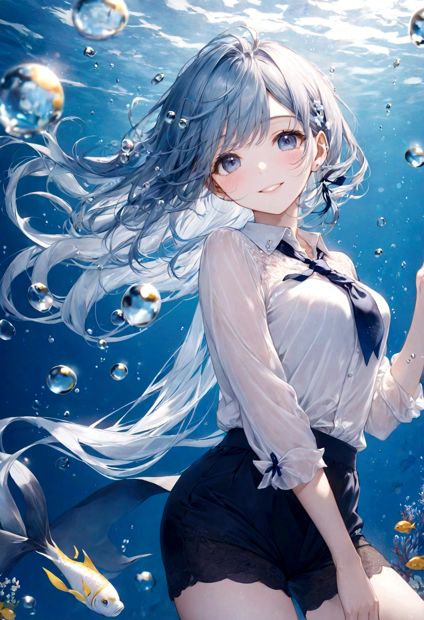 (top-quality)), ((masterpiece)), ((ultra-detailliert)), (extremely delicate and beautiful), bright sky blue hair, watery hair, bright sapphire eyes, fair skin, beautiful woman, sheer white shirt, sheer silky navy blue shorts, navy blue ribbon tie, pearl decorations, underwater world, cold background, air bubbles, water bubbles, underwater, sweet smile, relaxed expression, delicate wavy long hair, blue and white flowers in the water