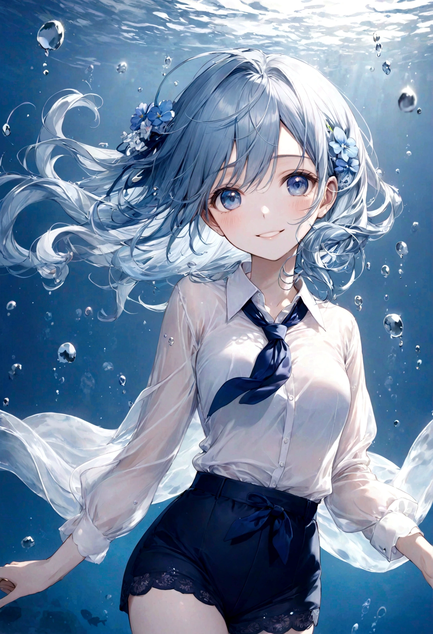 (top-quality)), ((masterpiece)), ((ultra-detailliert)), (extremely delicate and beautiful), bright sky blue hair, watery hair, bright sapphire eyes, fair skin, beautiful woman, sheer white shirt, sheer silky navy blue shorts, navy blue ribbon tie, pearl decorations, underwater world, cold background, air bubbles, water bubbles, underwater, sweet smile, relaxed expression, delicate wavy long hair, blue and white flowers in the water