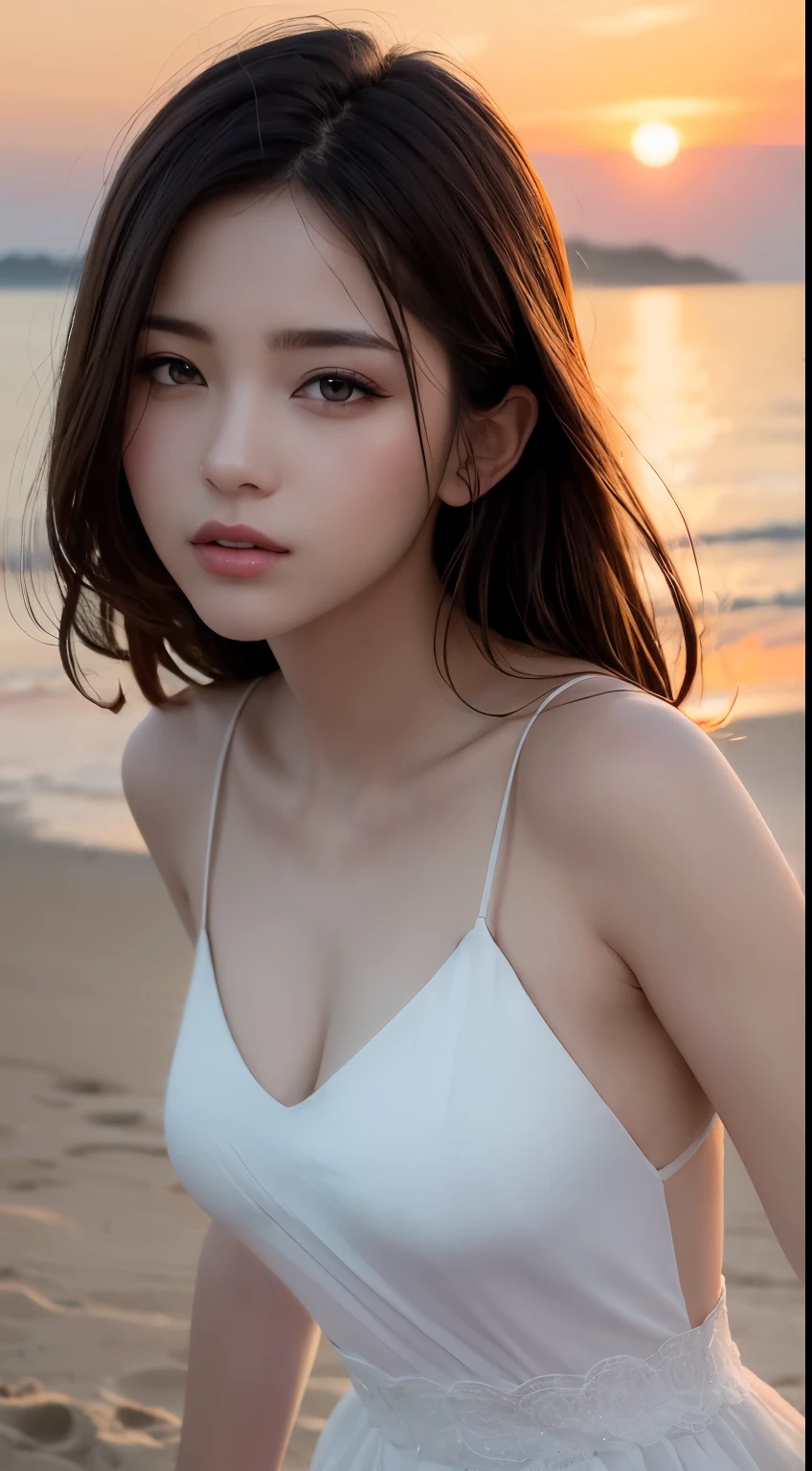 Mustepiece, top quality, illustration, ultra-definition, fine details, high resolution, 8K wallpaper, perfect dynamic composition, beautiful detailed eyes, wearing a dress, natural color lips, beach, random cute pose, perfect and beautiful face , cute, sexy face, sunset, feminine face