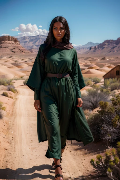 (best quality:1.5), (hyperrealistic:1.5), tall_toned, straight_long_black_haired, brown_eyed, tanned_oily_olive_skin, 32_year_old_mauritanian_woman, all_green_tunic_clothes, walking_outside_wood_house, hot_desert_scenery, side_view