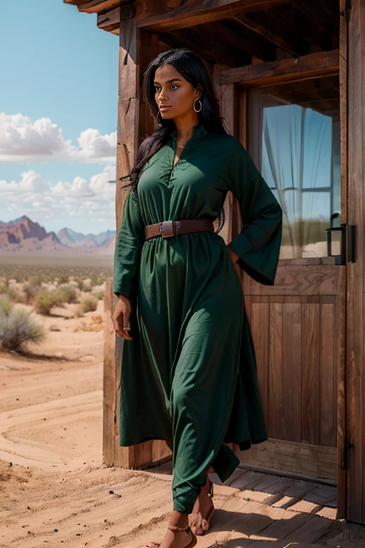 (best quality:1.5), (hyperrealistic:1.5), tall_toned, straight_long_black_haired, brown_eyed, tanned_oily_olive_skin, 32_year_old_mauritanian_woman, all_green_tunic_clothes, walking_outside_wood_house, hot_desert_scenery, side_view