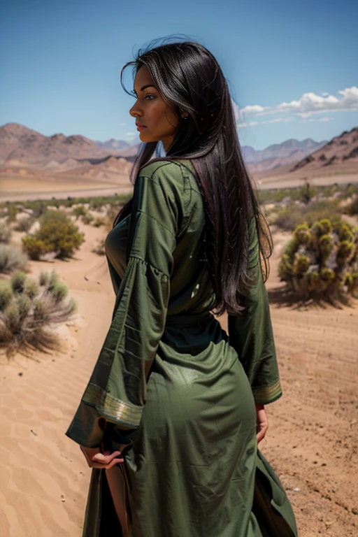 (best quality:1.5), (hyperrealistic:1.5), tall_toned, straight_long_black_haired, brown_eyed, tanned_oily_olive_skin, 32_year_old_mauritanian_woman, all_green_tunic_clothes, walking_outside_wood_house, hot_desert_scenery, side_view