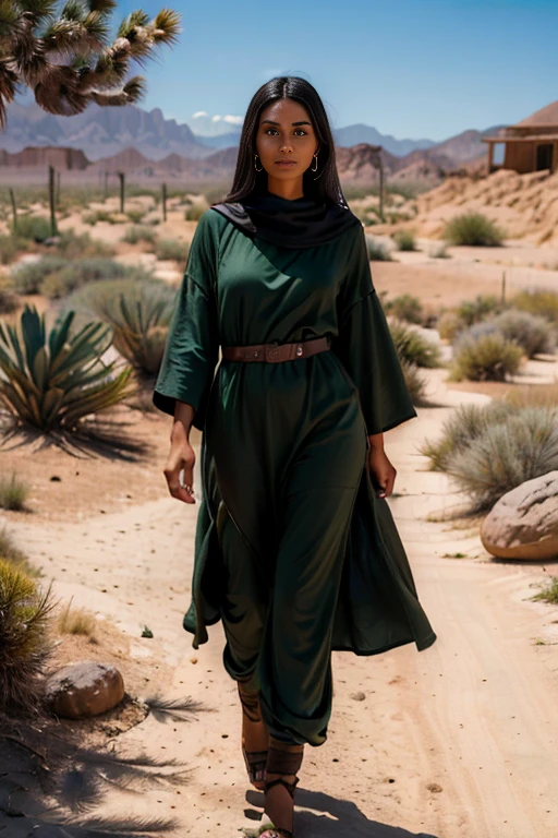 (best quality:1.5), (hyperrealistic:1.5), tall_toned, straight_long_black_haired, brown_eyed, tanned_oily_olive_skin, 32_year_old_mauritanian_woman, all_green_tunic_clothes, walking_outside_wood_house, hot_desert_scenery, side_view