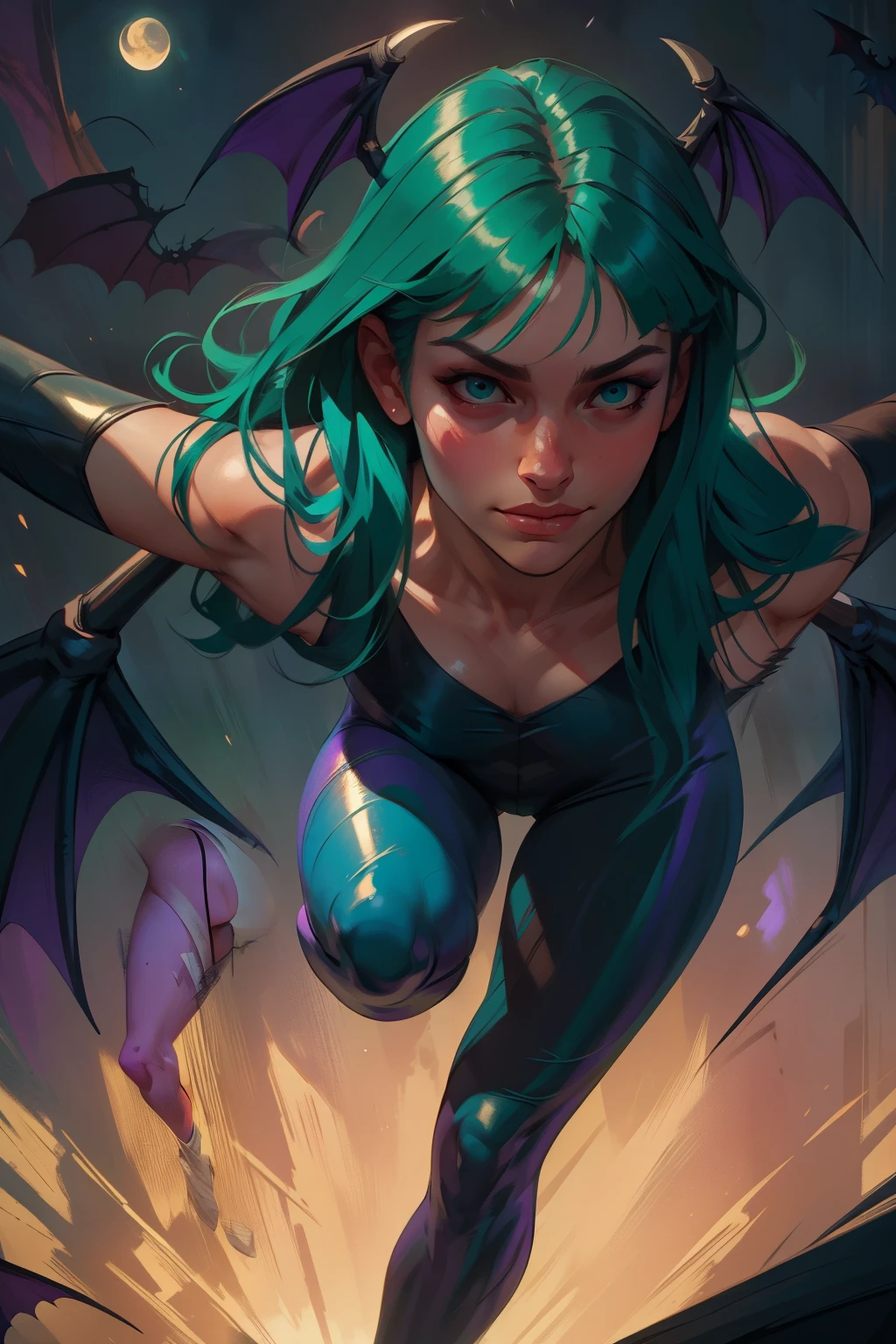 Realistic oil paint portrait of Morrigan Aensland, moonlight, hot Body, ((Dynamic pose)) , soft smile, long green hair black costume , (((Bat wings))) , Hot body, athletic, (purple legs) , detailed skin Textures, intricate, detailed face, hyperrealistic, realistic light and shadows , ((cinematic lighting)) . (((Poetic lighting background))) .