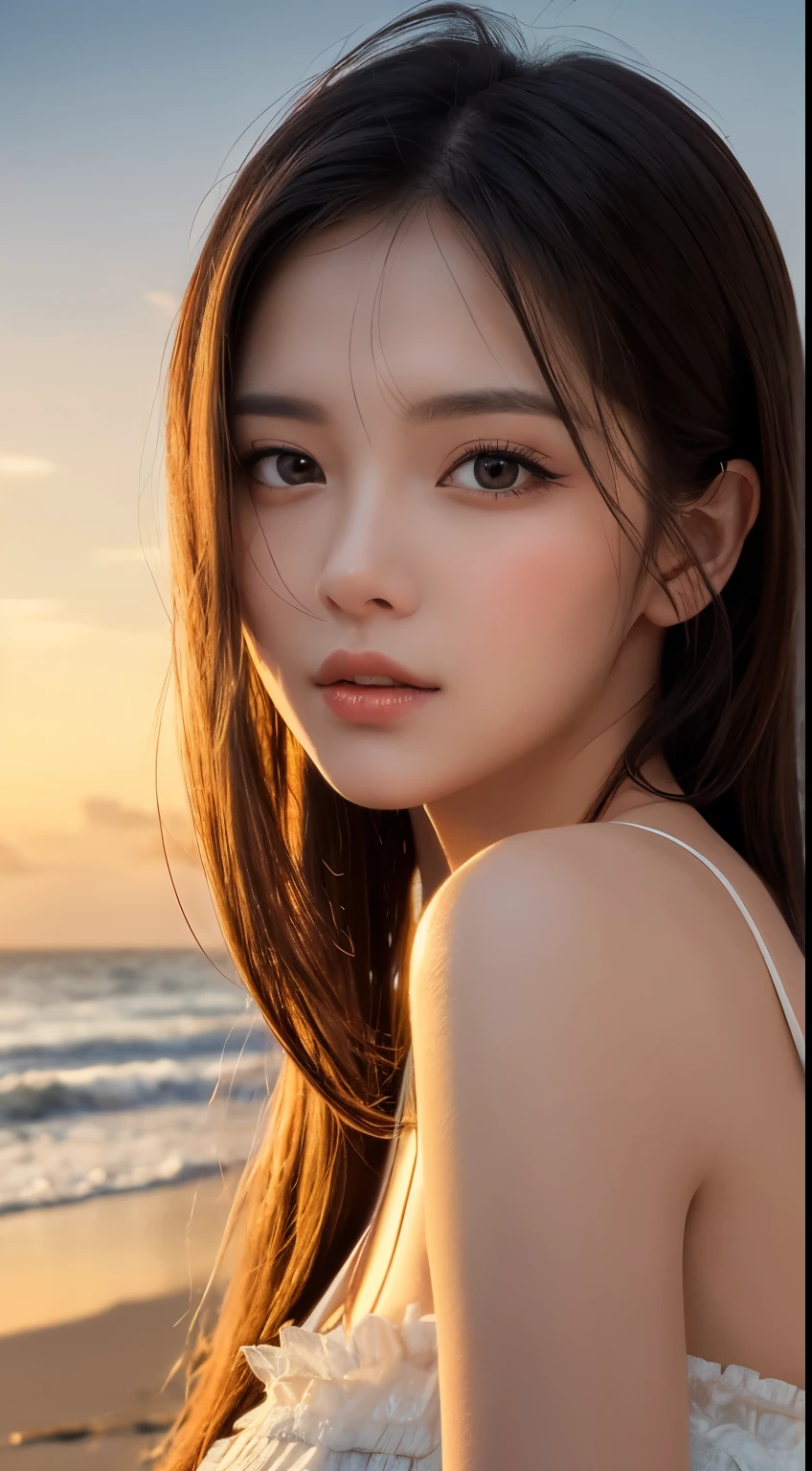 Mustepiece, top quality, illustration, ultra-definition, fine details, high resolution, 8K wallpaper, perfect dynamic composition, beautiful detailed eyes, wearing a dress, natural color lips, beach, random cute pose, perfect and beautiful face , cute, sexy face, sunset, feminine face