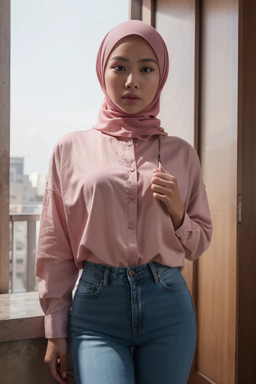 a young asian woman, beautiful detailed eyes, beautiful detailed lips, extremely detailed eyes and face, long eyelashes, long pink shirt, denim pants, navy hijab, detailed clothing, photorealistic, 8k, high quality, hyper detailed, cinematic lighting, dramatic shadows, vibrant colors, atmospheric, portrait