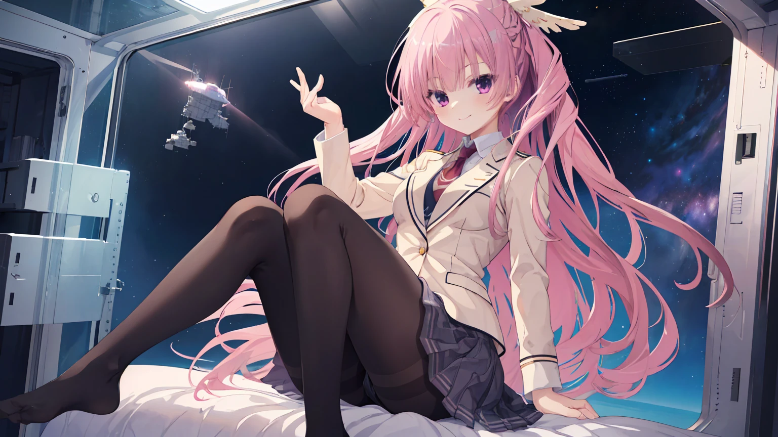 A girl,solo,Pink long hair,happy,Smile,Medium long hair,Dissemination,kikka academy uniform, pantyhose, highres, absurdres,Inside the spacecraft,on the bed,Glass Windows,Space background, Anime style 4k,mitsukasa ayase、Character-centered