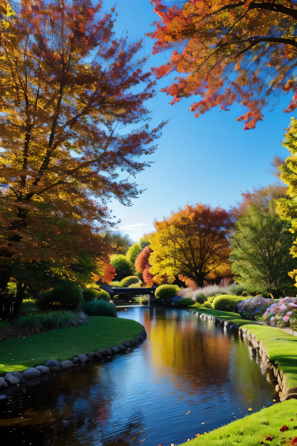 autumn fantasy in the garden of Eden, stream, many birds singing, flowers, and a blue sky,