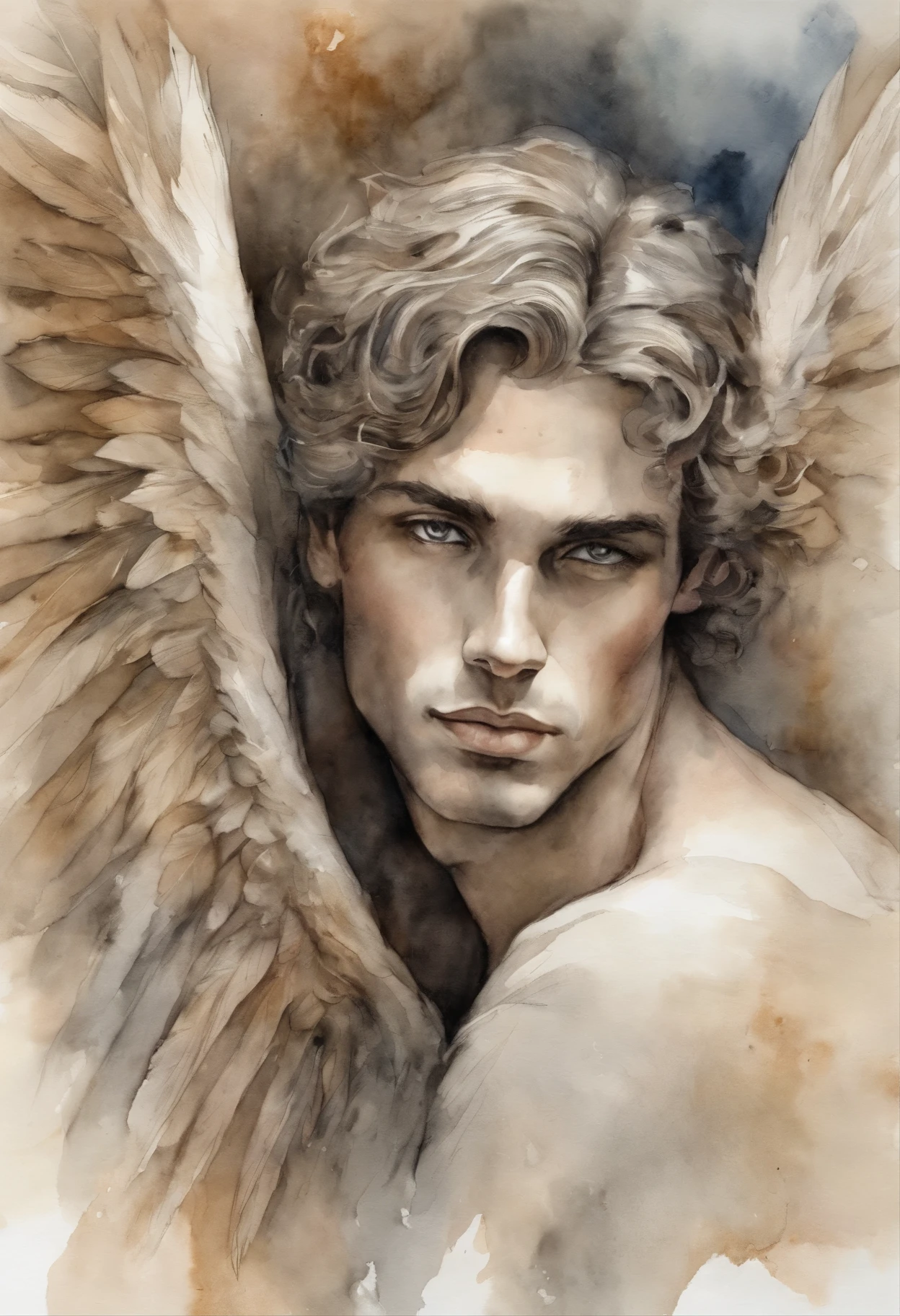 A zoomed in view of a handsome and sexy young man with angel wings , capturado em cores , his eyes looking directly at the viewer with an intense expression, his features etched with a sense of mystery and allure, cercado por tufos de neblina, adding an ethereal touch, Escultura,  Homen sexy Bonito atletico beleza italiana angelical com asas e plumas . Aquarela tinta pintura. Textura de tintas aquarela pingos e respingos de tinta  