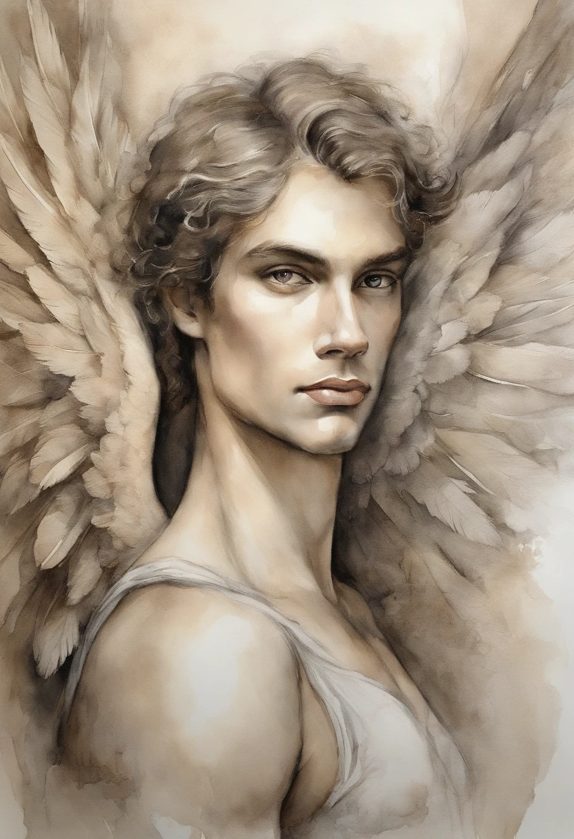 A zoomed in view of a handsome and sexy young man with angel wings , capturado em cores , his eyes looking directly at the viewer with an intense expression, his features etched with a sense of mystery and allure, cercado por tufos de neblina, adding an ethereal touch, Escultura, Homen sexy Bonito atletico beleza italiana angelical com asas e plumas . Aquarela tinta pintura. Textura de tintas aquarela pingos e respingos de tinta