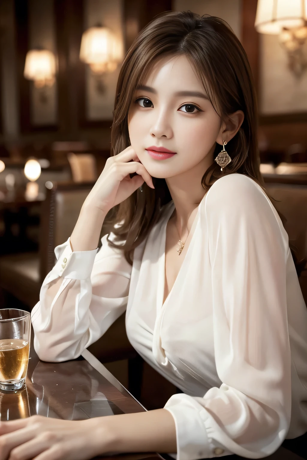 masterpiece, highest quality, Realistic, Very detailed, Finer details, High resolution, 8k wallpaper, One beautiful woman, Wear an elegant white see-through blouse, In a great restaurant, At night, Light brown messy hair, Perfect dynamic composition, Beautiful and beautiful eyes、Big earrings、Sitting in a chair、