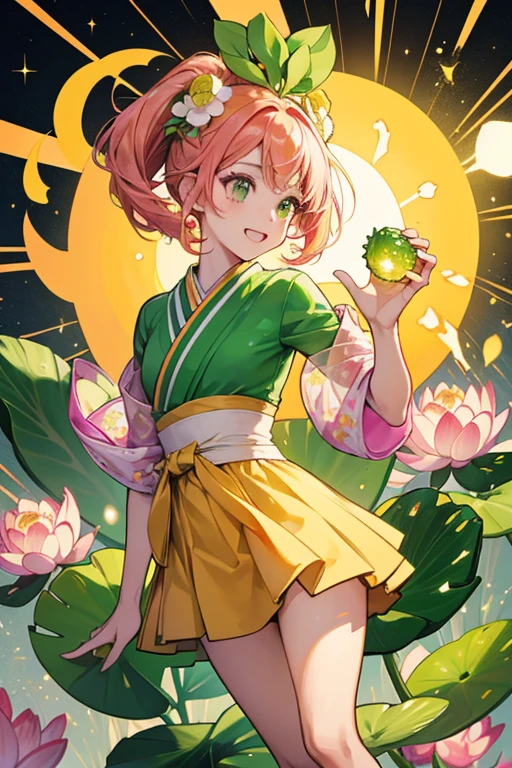 Kadomatchi has a green body and head resembling a slice of lotus root with two bulbs protruding from it. she wear a yellow scarf with pink and orange circles. SPARKLE; GLITTER