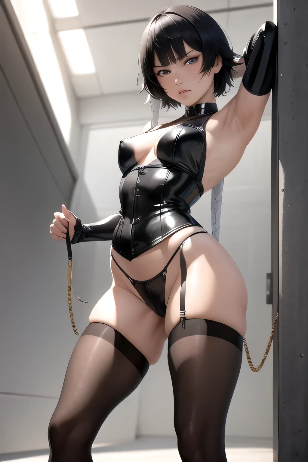 (masterpiece), (best quality), (beautiful eyes and face), (perfect female body), (shiny skin), 
looking at viewer, 
1girl, solo, sui-feng, black hair, short hair, short hair with long locks, grey eyes,
small breasts,
leather corset, panty, bondage, stockings, legs, abs, armpits
standing, scowling