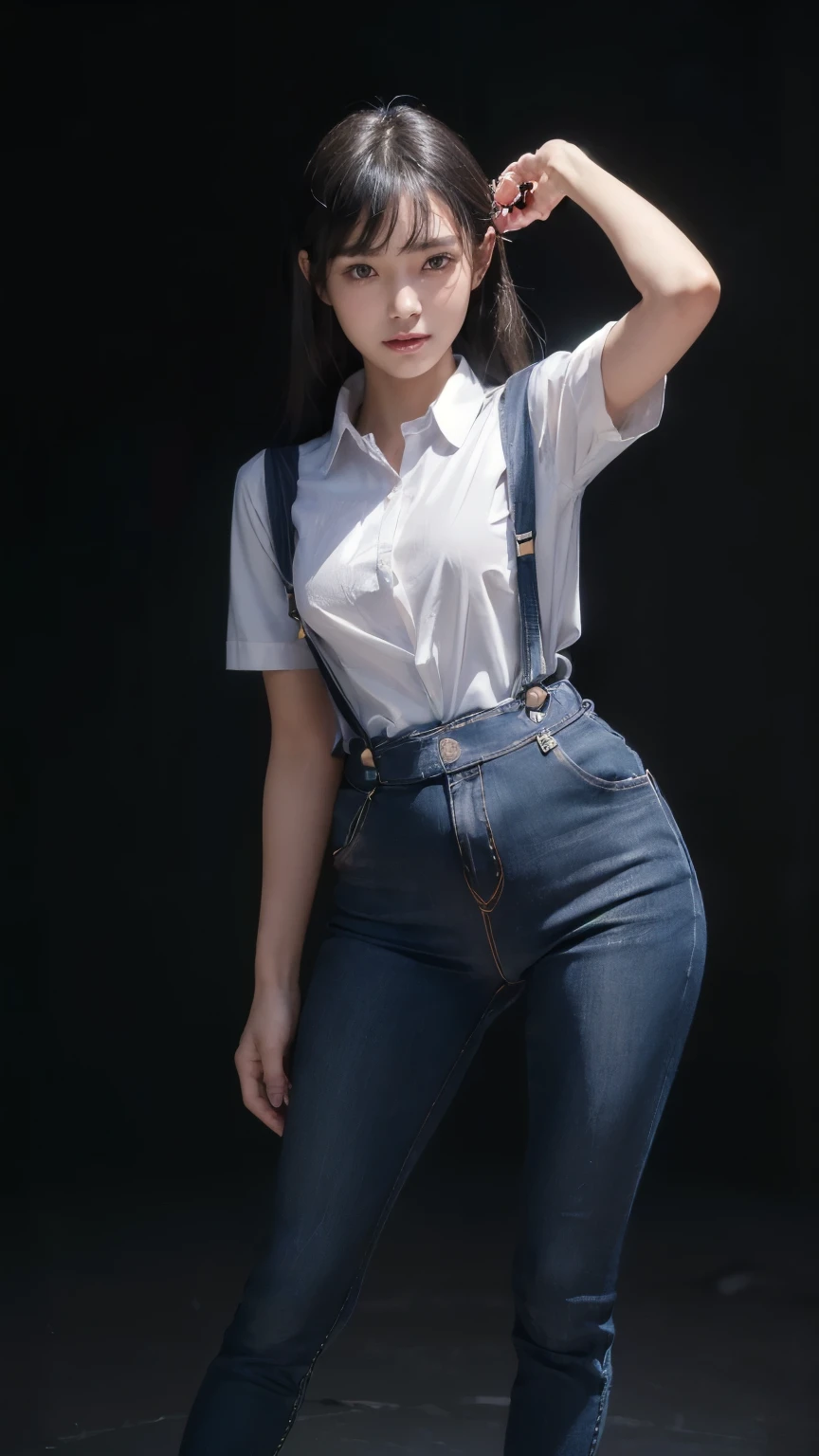 ((Face the front of your body at the camera:2.0)), ((Collared shirt:2.0, suspenders:2.0)), (Clothing:2.0, Skinny jeans:2.0, suspenders under Collared shirt:2.0, sneakers:1.5), ((A grin:1.2, Small breasts:1.5, slender:1.5, Small Ass:1.5)), ((Japanese, 1 Girl, 18-year-old, 7 heads, Ideal body proportions, Black Hair, With bangs, Small breasts, Erect nipples, slender, Small Ass, Beautiful feet, Skinny Legs)), Surrealism, Cinematic Lighting, Depth of written boundary, First Person View, Boobs F/1.8, 135mm, Ticker, Mastepiece, Curate, ((Anatomically correct:1.3)), Textured skin, Super Detail, High detail, High quality, Awards, Best Quality, High resolution, 8K