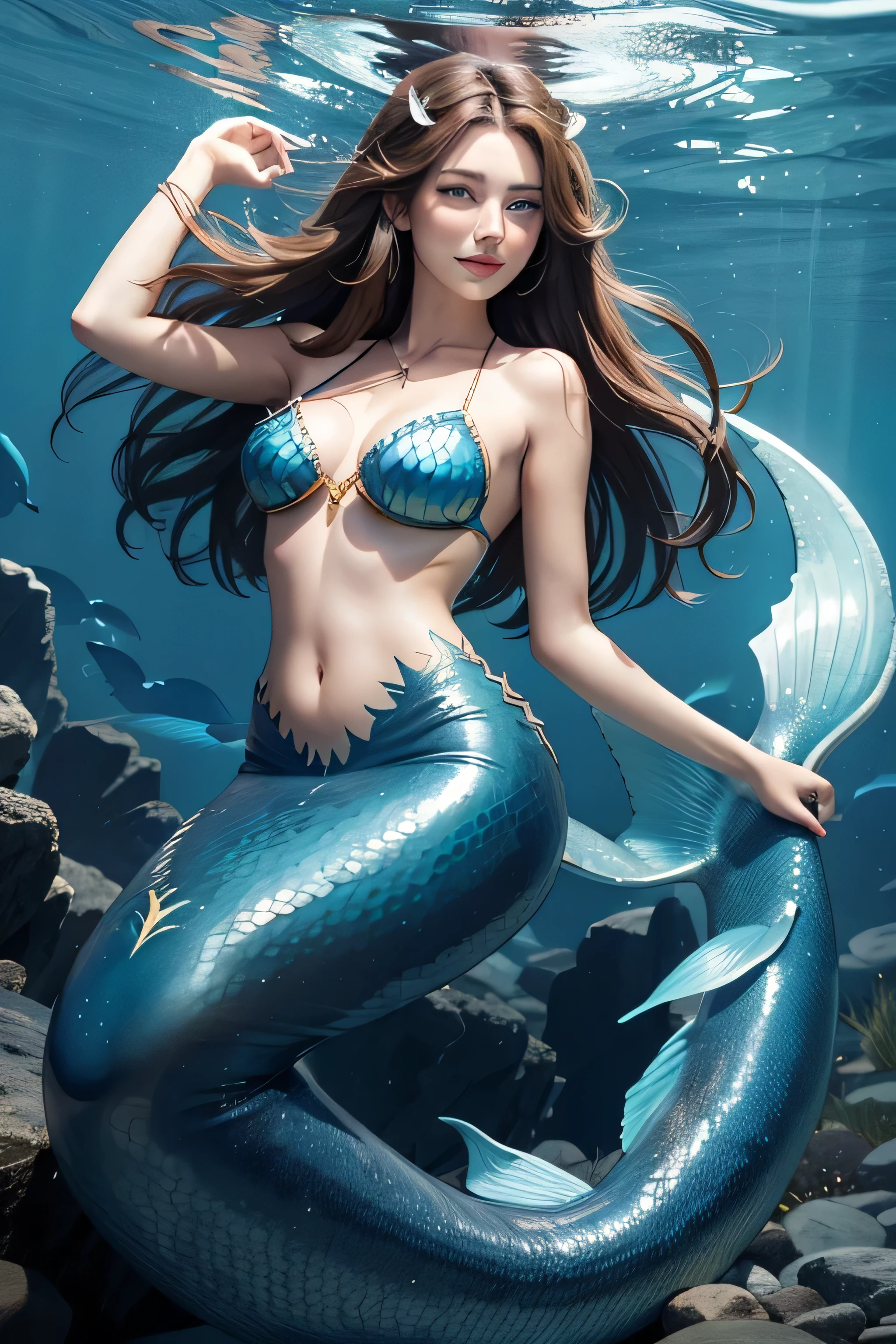 adult mermaid with long brown hair bright blue eyes warm skin colorful fin