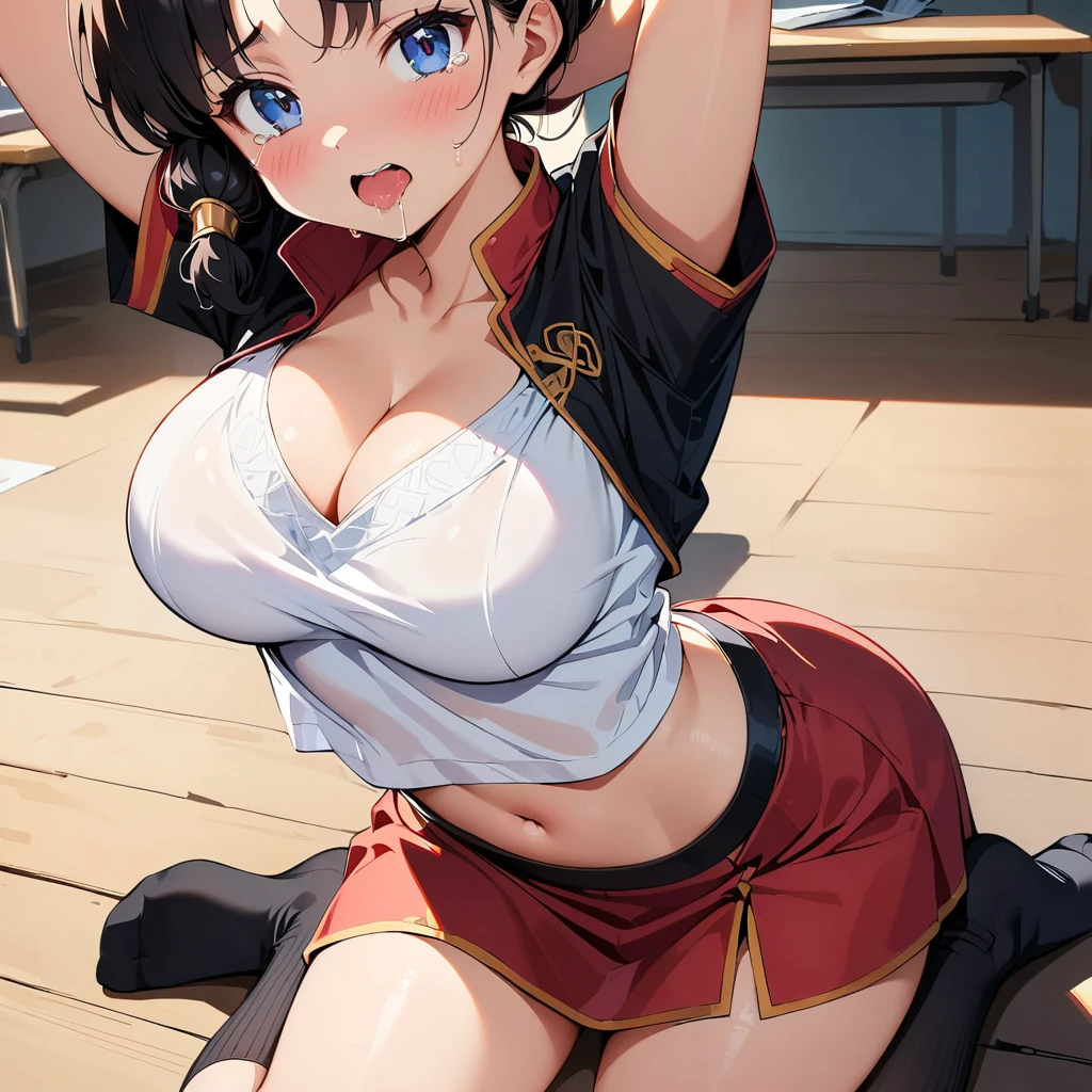 One girl, highest quality, Super detailed, masterpiece, Ultra-high resolution, 8k, Ridiculous, Cowboy Shooting, Focus on the girl, Embarrassing, blush, Lovely, Close one eye, With tears in her eyes and her mouth open, What saliva leaves behind, (arms behind head), (wariza), (china uniform), (),(crop top navel), Sticky panties,lace panties, Classrkground, (Videl:1.2), The skirt is accidentally exposed,alrge breasts, Accidentally panties, Absolute area, Blackocks