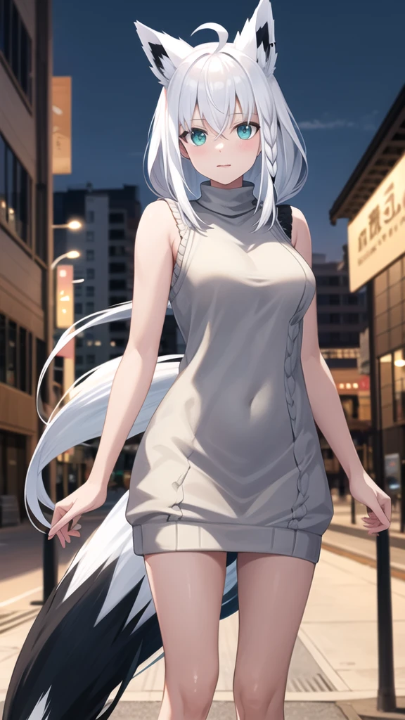 masterpiece, best quality, highres, Shirakami Fubuki, long hair, ahoge, animal ears, fox tail, breasts, outdoors, sweater dress, sleeveless, turtleneck, night, street, standing, cowboy shot,