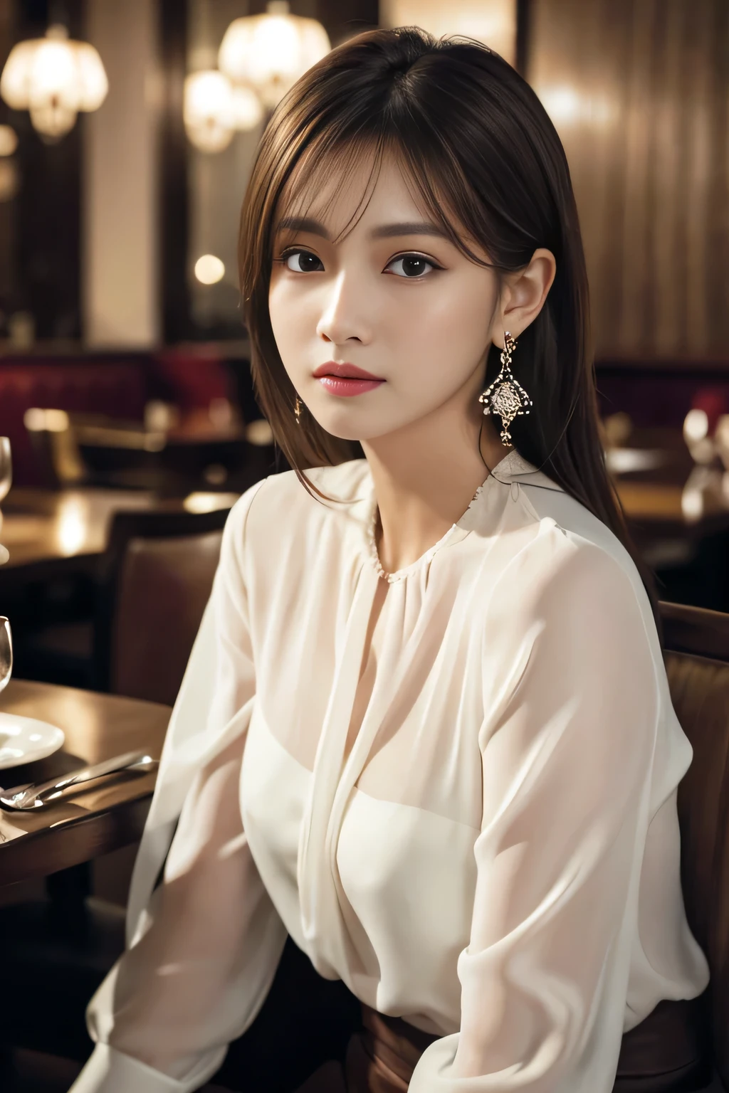 masterpiece, highest quality, Realistic, Very detailed, Finer details, High resolution, 8k wallpaper, One beautiful woman, Wear an elegant white see-through blouse, In a great restaurant, At night, Light brown shaggy haircut, Perfect dynamic composition, Beautiful and beautiful eyes、Big earrings、Sitting in a chair、