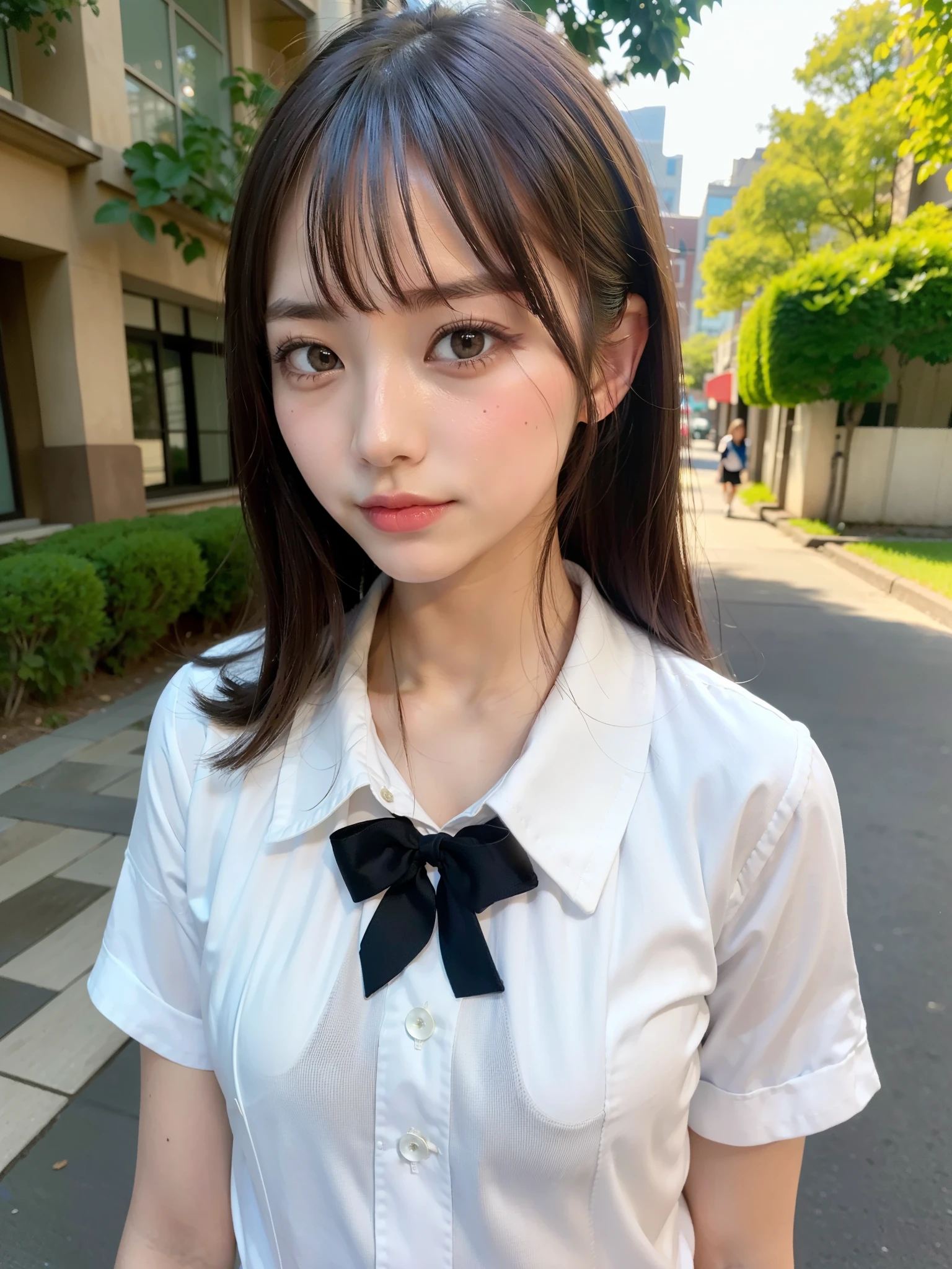 ((Best of the highest quality, 8k, Masterpiece, raw photo: 1.2)), Sharp focus: 1.2, (1 AESPA, slim body type female, 21 y/o: 1.1), (Solo: 1.28), (realistic, photo-realistic:1.37), face focus, cute face, finely eyes, (droopy eyes: 1.32), (Emphasize prominent aegyo-sal with bright: 1.2), shimmering eyeshadow applied under the lower lash line, paired with thick, voluminous mascara, (small breasts, flat chest: 1.3), (short messy hair, bangs: 1.28), (school uniform shirt, ribbon:1.2), walking terrace dinning, sun light, flower, (arms up: 0.8)