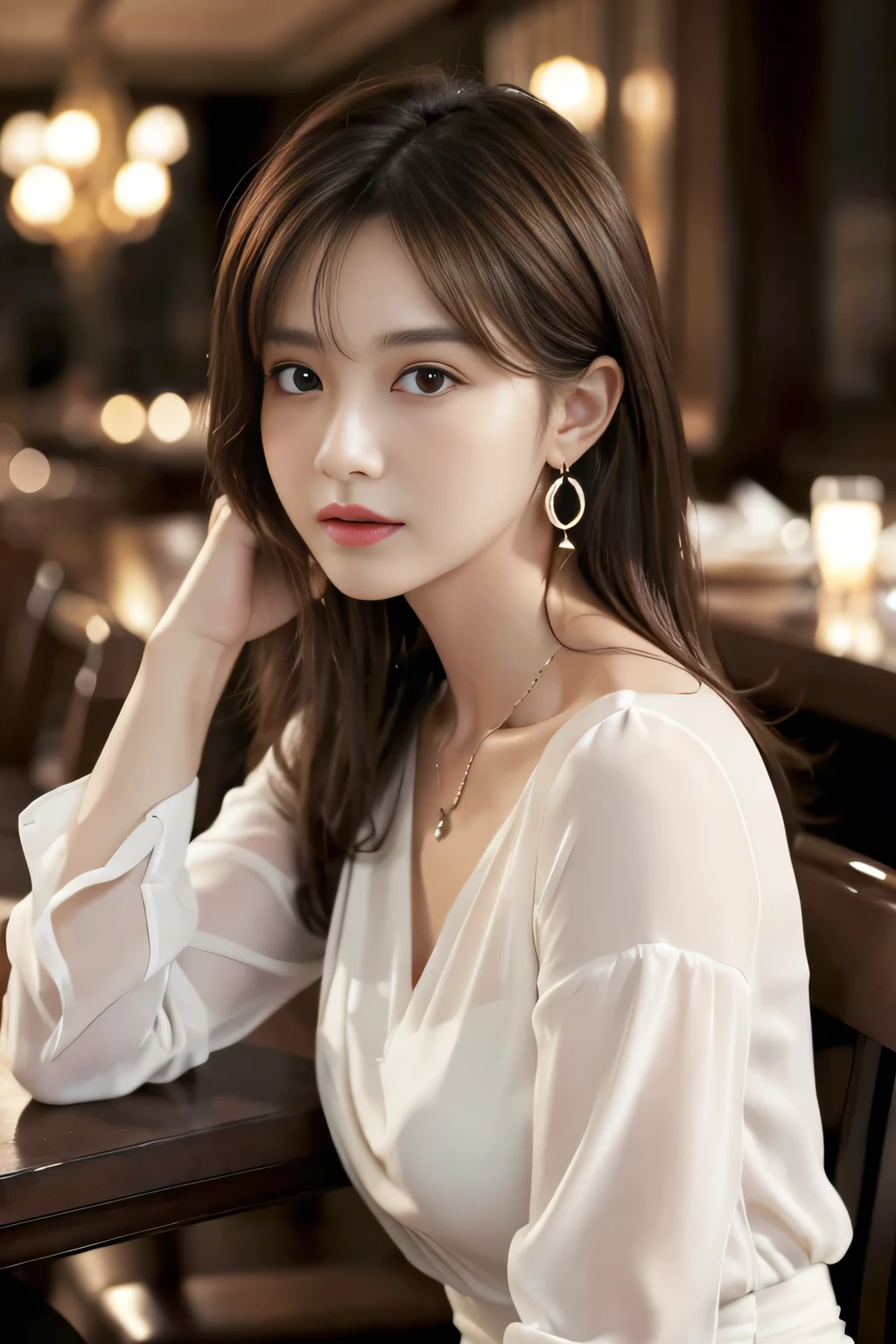 masterpiece, highest quality, Realistic, Very detailed, Finer details, High resolution, 8k wallpaper, One beautiful woman, Wear an elegant white see-through blouse, In a great restaurant, At night, Light brown shaggy haircut, Perfect dynamic composition, Beautiful and beautiful eyes、Big earrings、Sitting in a chair、