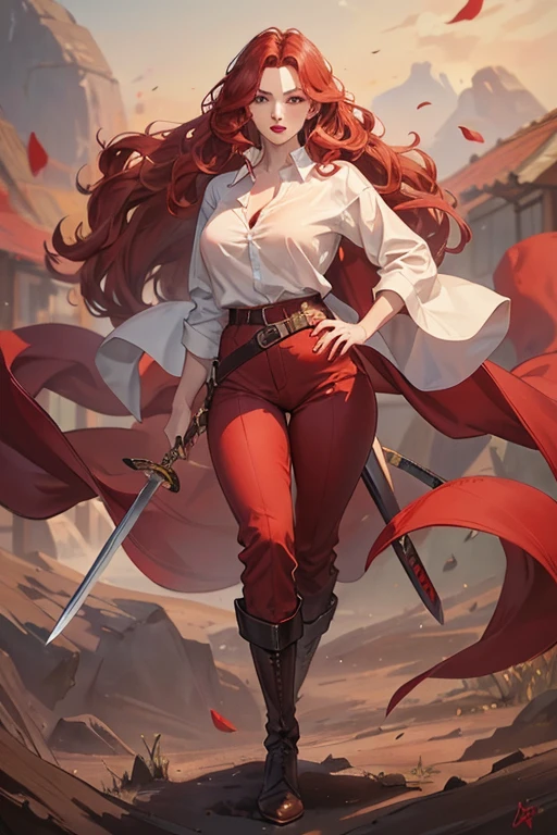 A redhead standing on the ground holding a sword, wide hips, thin waist, beautiful full red lips, lush wavy hair, long torpedo shaped tits, brown pants, loose white shirt, long riding boots