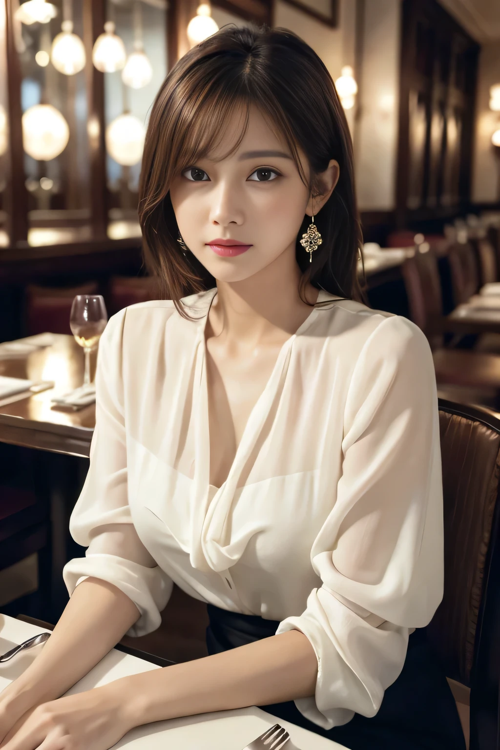 masterpiece, highest quality, Realistic, Very detailed, Finer details, High resolution, 8k wallpaper, One beautiful woman, Wear an elegant white see-through blouse, In a great restaurant, At night, Light brown shaggy haircut, Perfect dynamic composition, Beautiful and beautiful eyes、Big earrings、Sitting in a chair、