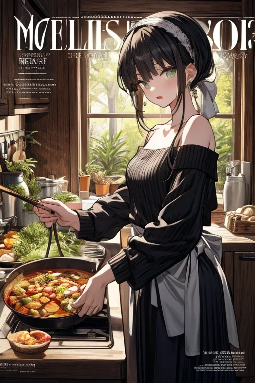 (small breasts:1.3), (perky chest:1.1), (pointed chest:1.0), (fashion magazine cover:1.3)，(from below:1.0),(from side:0.9),masterpiece, 1girl, Amazing Cleavage:1.1, thin waist, big ass, Raised sexy, small breast: 1.3, posed cleavage:1.2、solo, looking at viewer, open mouth, have a cute grass of cute beergrass,black hair, dark green eyes, dress, bare shoulders, jewelry, collarbone, sidelocks, hairband, earrings, indoors, off shoulder, :o, sweater, arms behind back, plant, short hair with long locks, gild hairband, off-shoulder dress, sweater dress, off-shoulder sweater, red sweater, dark gord hair, big side hair, very long side hair,is rendered in (masterpiece: 1.2, best quality), with (ultra high resolution) and an exquisite (depth of field). This masterpiece is not only visually stunning but also tells,A scene of cooking in the kitchen by classroom
