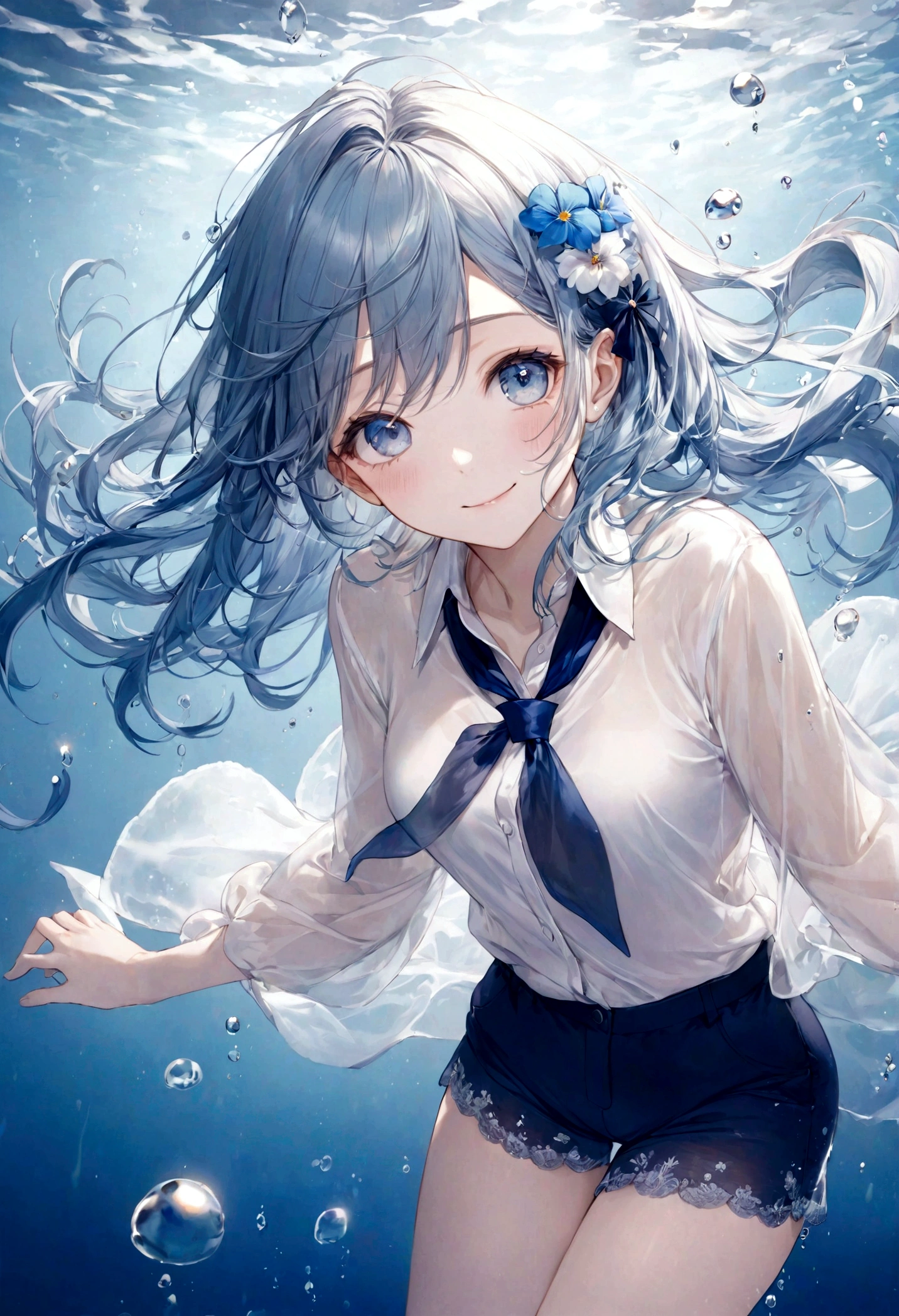 (top-quality)), ((masterpiece)), ((ultra-detailliert)), (extremely delicate and beautiful), bright sky blue hair, watery hair, bright sapphire eyes, fair skin, beautiful woman, sheer white shirt, sheer silky navy blue shorts, navy blue ribbon tie, pearl decorations, underwater world, cold background, air bubbles, water bubbles, underwater, sweet smile, relaxed expression, delicate wavy long hair, blue and white flowers in the water