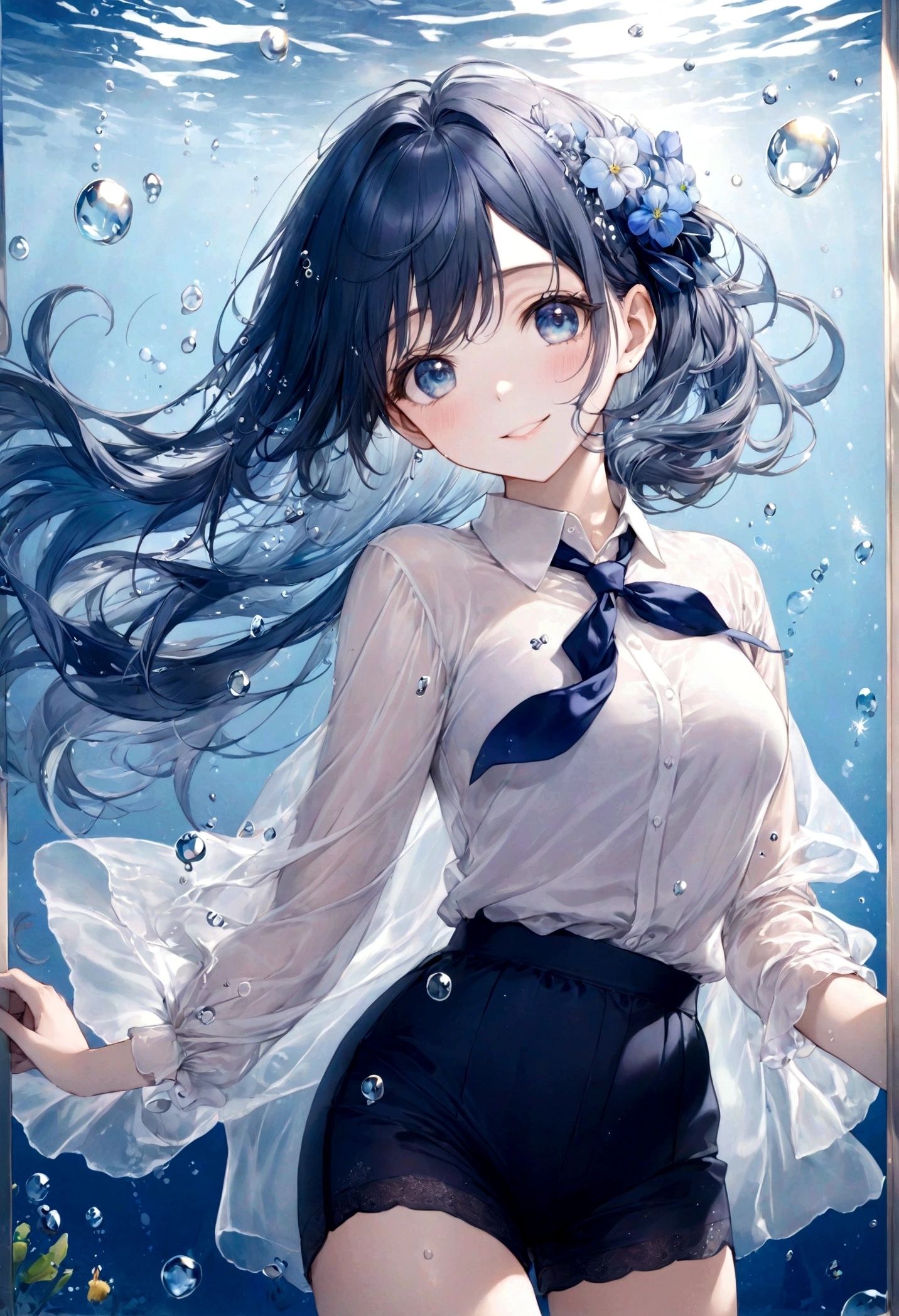 (top-quality)), ((​masterpiece)), ((ultra-detailliert)), (extremely delicate and beautiful), bright sky blue hair, watery hair, bright sapphire eyes, fair skin, beautiful woman, sheer white shirt, sheer silky navy blue shorts, navy blue ribbon tie, pearl decorations, underwater world, cold background, air bubbles, water bubbles, underwater, sweet smile, relaxed expression, delicate wavy long hair, blue and white flowers in the water