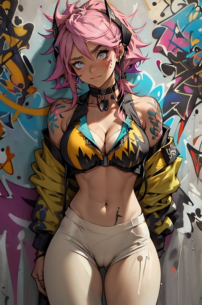 masterpiece, best quality, 1girl, solo, crop top, ((colossal :1.3)), gym leggings, choker, (graffiti:1.5), paint splatter, arms behind back, against wall, looking at viewer, armband, thigh strap, paint on body, head tilt, bored, multicolored hair, aqua eyes, headset, peepshow, nipslip(((petting camel to