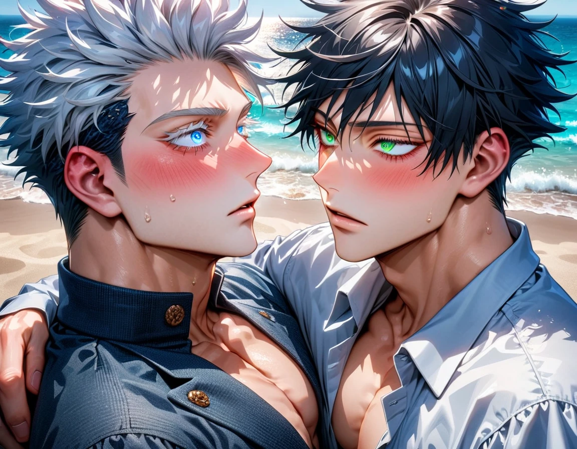 Ultra detailed, Highres, absurdres, HDR, master piece, Gojo Satoru, white hair with bangs, expressive blue eyes, white eyelashes, hair between the eyes, Fushiguro Megumi, black hair, expressive green eyes, Jujutsu Kaisen, toned chest, extremely handsome, two sexy man together, gay couple, love, extremely detailed eyes and face, beach, water, white shirt