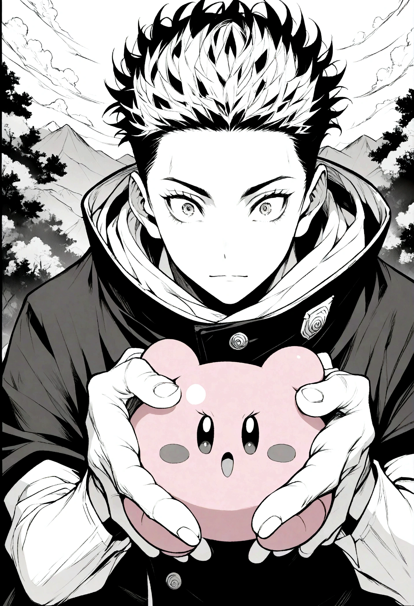 itadori from jujutsu kaisen holding a kirby in both hands