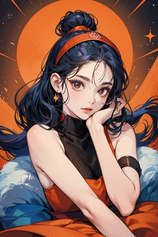 Kapetto Obatchi is a market stall with her brown torso containing various rolls of carpet on top of an red cover. Her head is blue and she has black eyes, wide orange lips, and two arms hanging out the sides. She also wears an orange carpet on top of her head. SPARKLE; GLITTER


