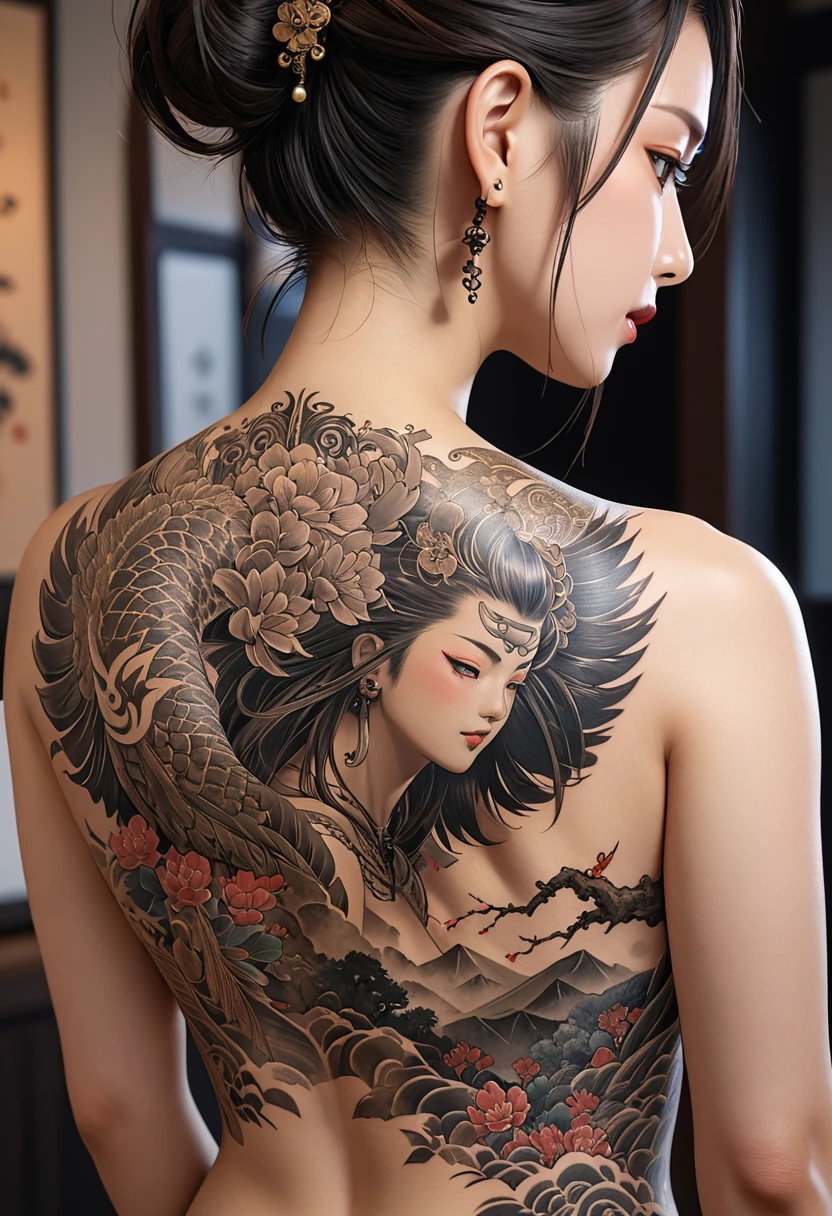 masterpiece, best quality, ultra-detailed, Back Tattoo, Amidakuji