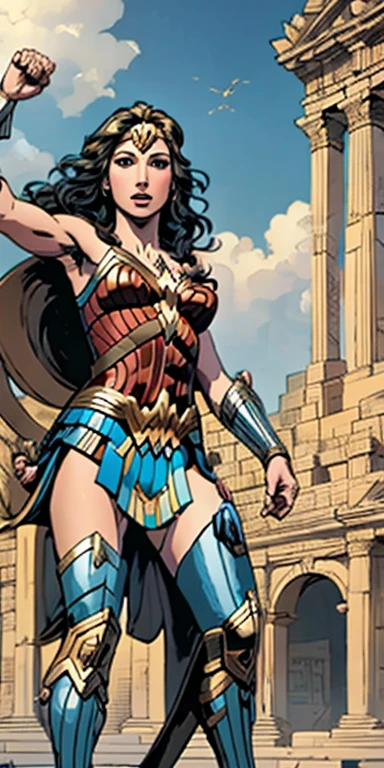 tirinha,Gal Gadot as Wonder Woman standing in front of a temple full of Amazons,Surrounded by Amazon warriors in the coliseum with lions
