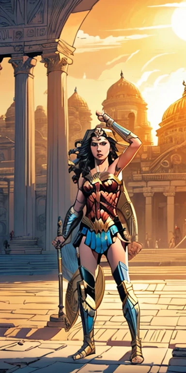 tirinha,Gal Gadot as Wonder Woman standing in front of a temple full of Amazons,Surrounded by Amazon warriors in the coliseum with lions