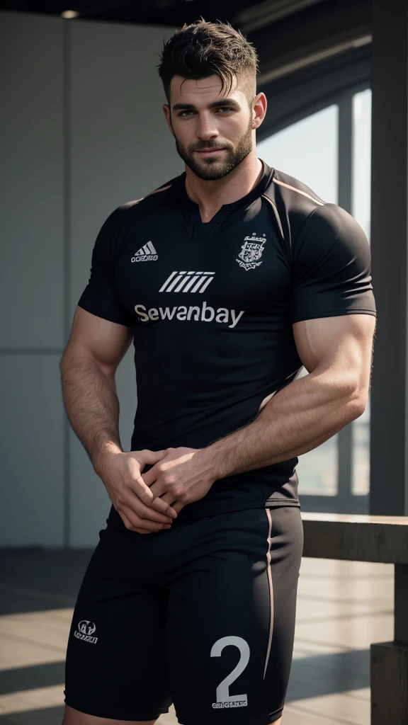 one pale muscular man rugby player ,Full body, smile, rugby player, sport pants, rugby esportive uniform, wet black hair fade ,alluring big eyes, European mature 30yo man, (High shadow detail), wearing Calvin Klein rugby brands shirt, strong thighs legs, neck tattoo, large lips mouth, Wide shoulders, nice detailed naughty hands on his bulge, glans shape, field background on golden-hour.