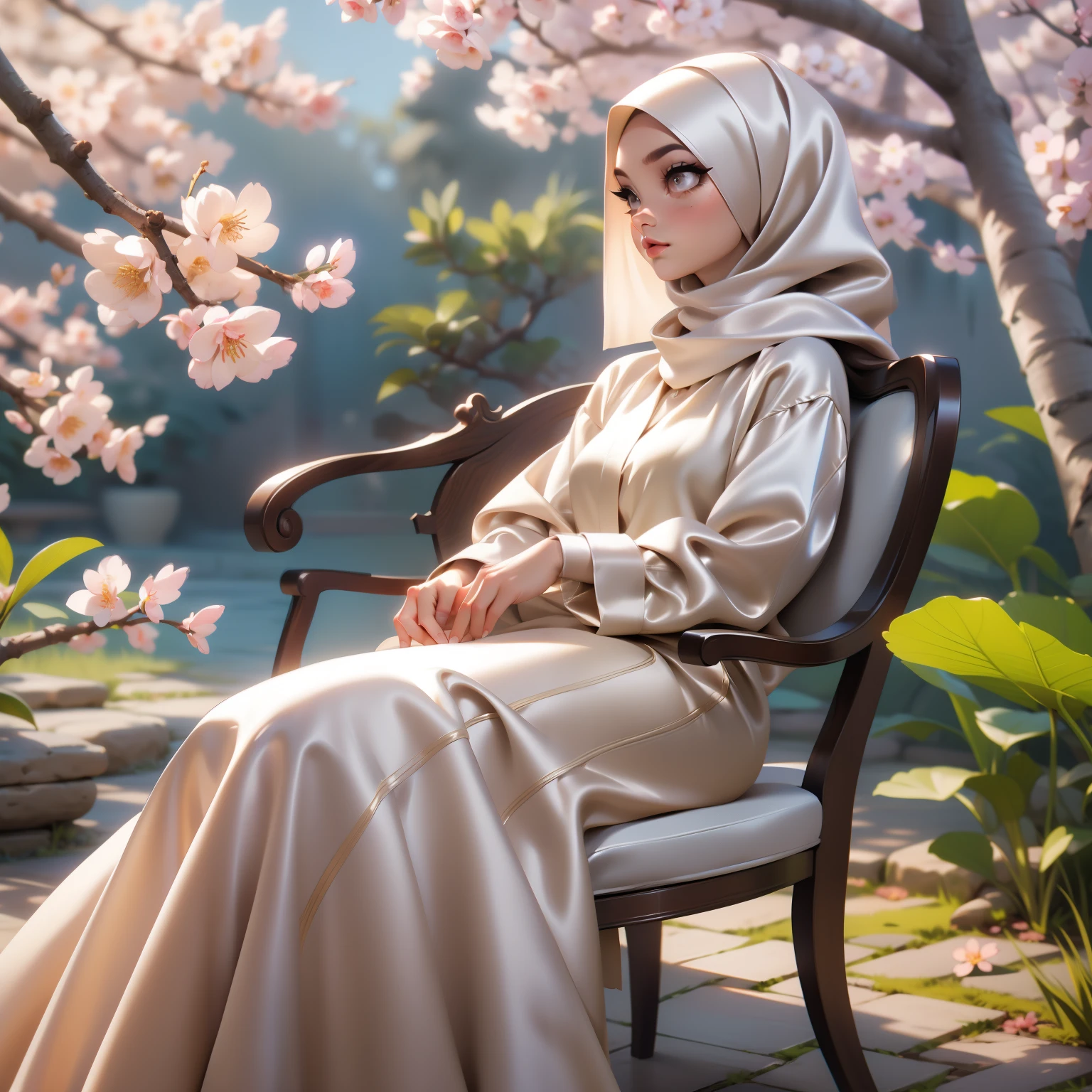 3DMM, ((Masterpiece, best quality, photography)), detailed skin, realistic, photo-realistic, 8k, highly detailed, full length frame, High detail RAW color art, diffused soft lighting, shallow depth of field, sharp focus, hyperrealism, cinematic lighting, hijab, a woman beautifully makeup, bold eyeshadow, beautiful big eyes, Brown eyes, long eye lashes, chubby, wearing ((beige satin hijab), ((gray satin shirt)), ((satin long dress)), sits on chair, under tree, sakura garden