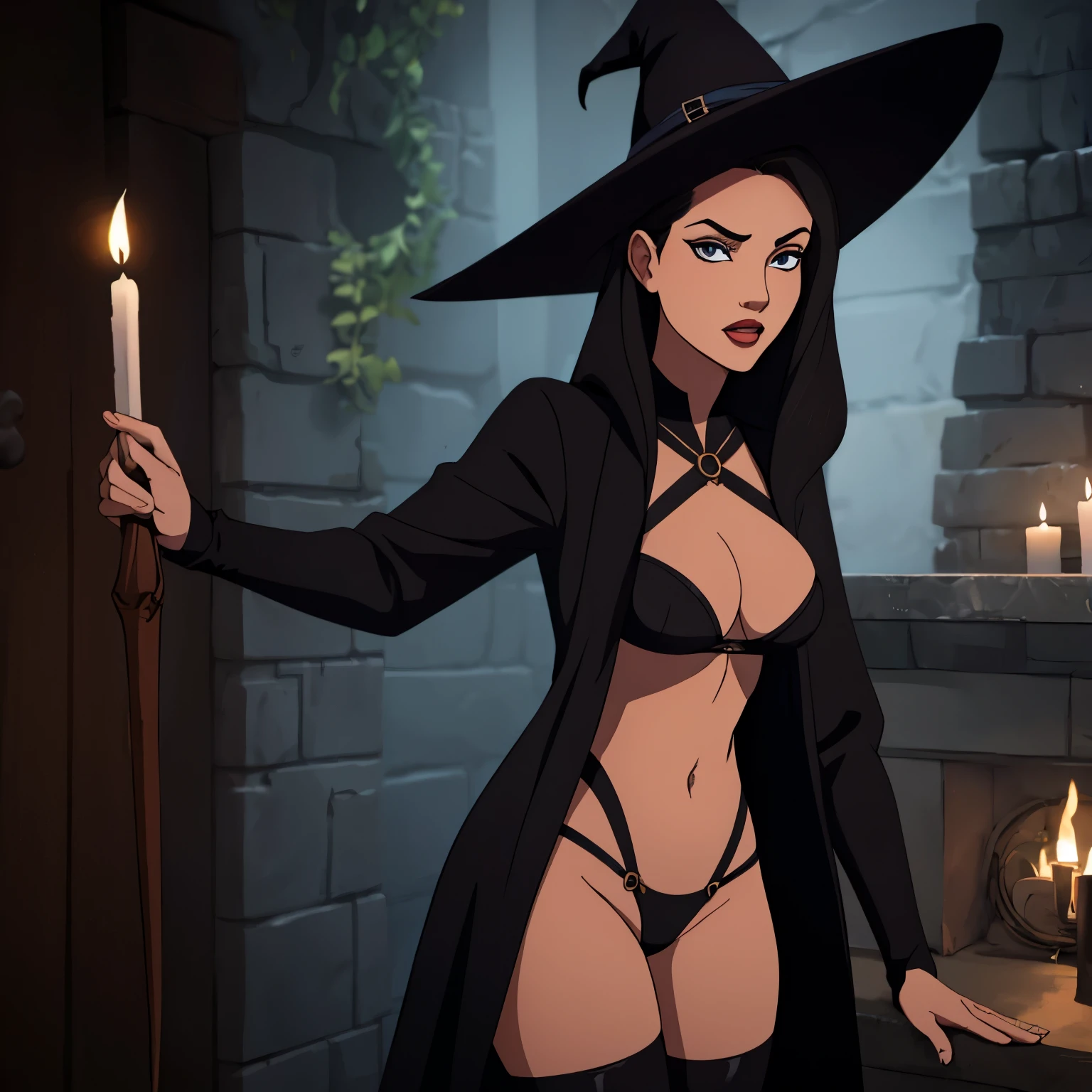 (masterpiece, top quality, best quality, official art, beautiful and aesthetic:1.2), (1girl:1.3), long and curly dark brown hair, ((extravagant updo)), Victorian style, extremely detailed, portrait, looking at viewer, solo, (full body:0.6), detailed background, close up, mischievous eyes, (cold midnight castle theme:1.1), extremely busty witch, huge lips, charlatan, smirk, mysterious, being seductive by a cottage in the forest, witch hat, broom, revealing gothic witch dress, lace, extremely tight bodice, black attire, black skirts, long sleeves, loose sleeves, black leather, cloak, corset, black dress, fishnets, thigh high black boots, buckles, straps, pouches, glowing green magic energy, dark purple fabric, silver trim, black leather, gigantic breasts, cleavage, skindentation, slim waist, slim hips, long legs, medieval (forest cottage exterior:1.1) background, nighttime, dark mysterious lighting, shadows, magical atmosphere, dutch angle