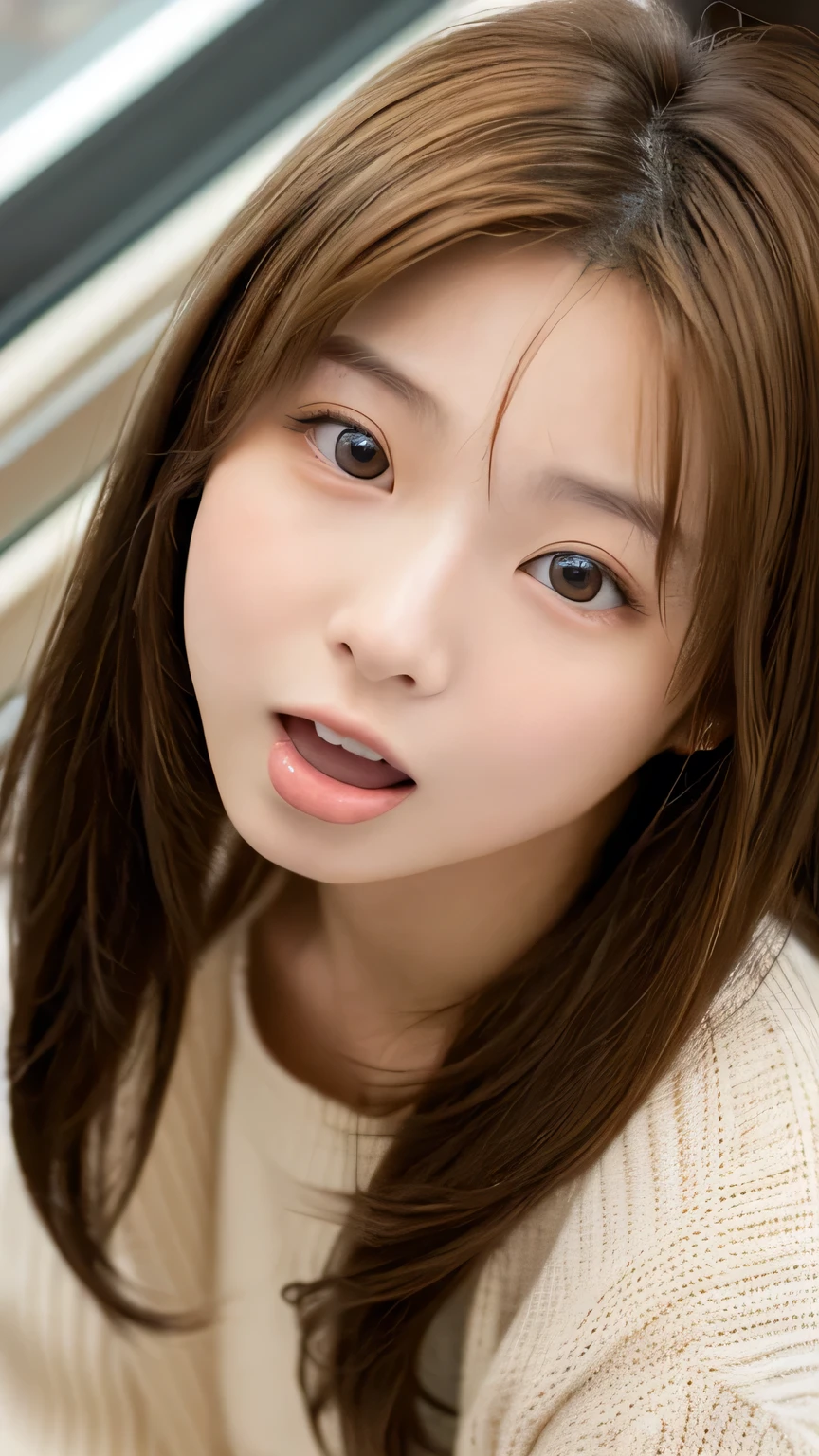 (masterpiece:1.2), Japanese, (((18 years old))), (a girl), indoor, close up to face, (opened mouth wide), light-brown hair, tongue, (((view from above))),