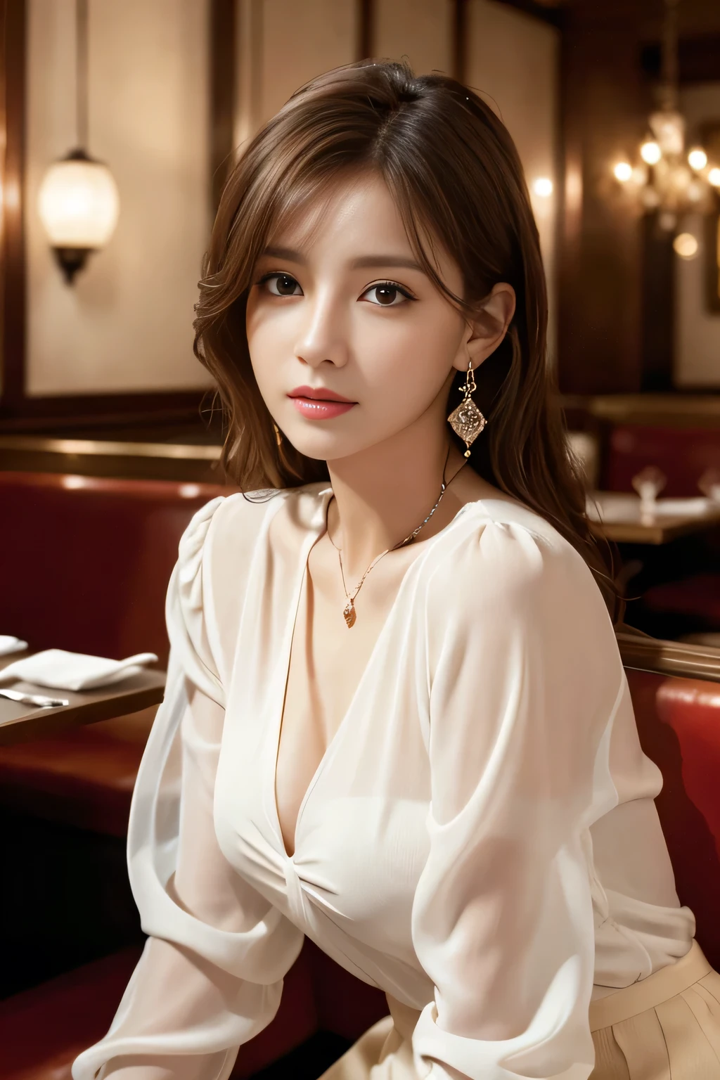 masterpiece, highest quality, Realistic, Very detailed, Finer details, High resolution, 8k wallpaper, One beautiful woman, Wear an elegant white see-through blouse, In a great restaurant, At night, Light brown messy hair, Perfect dynamic composition, Beautiful and beautiful eyes、Big earrings、Sitting in a chair、