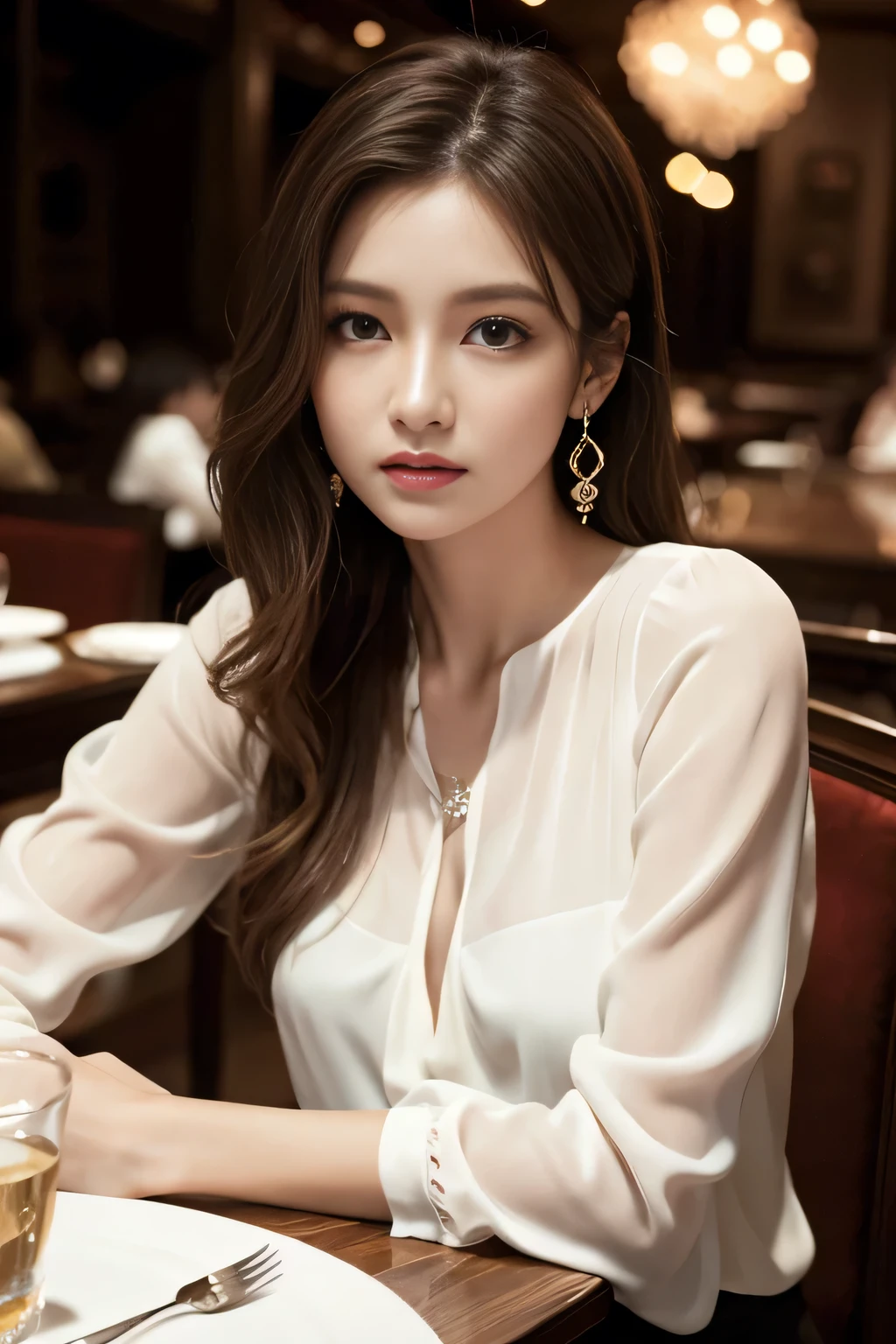 masterpiece, highest quality, Realistic, Very detailed, Finer details, High resolution, 8k wallpaper, One beautiful woman, Wear an elegant white see-through blouse, In a great restaurant, At night, Light brown messy hair, Perfect dynamic composition, Beautiful and beautiful eyes、Big earrings、Sitting in a chair、
