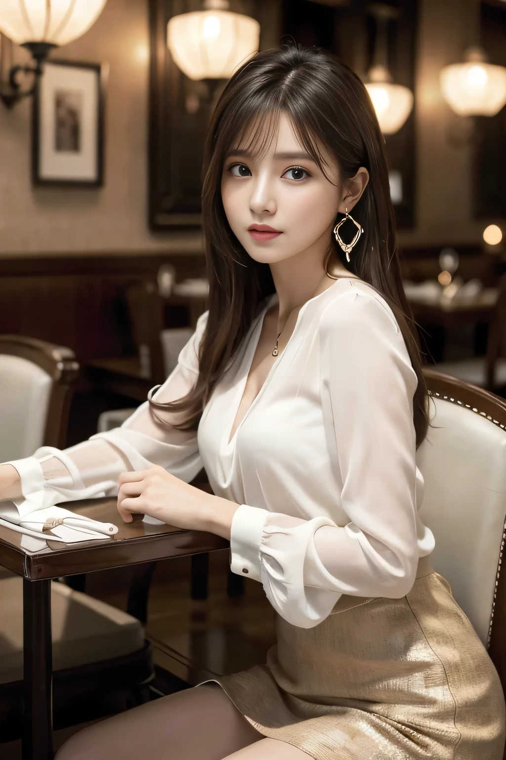 masterpiece, highest quality, Realistic, Very detailed, Finer details, High resolution, 8k wallpaper, One beautiful woman, Wear an elegant white see-through blouse, In a great restaurant, At night, Light brown shaggy haircut, Perfect dynamic composition, Beautiful and beautiful eyes、Big earrings、Sitting in a chair、