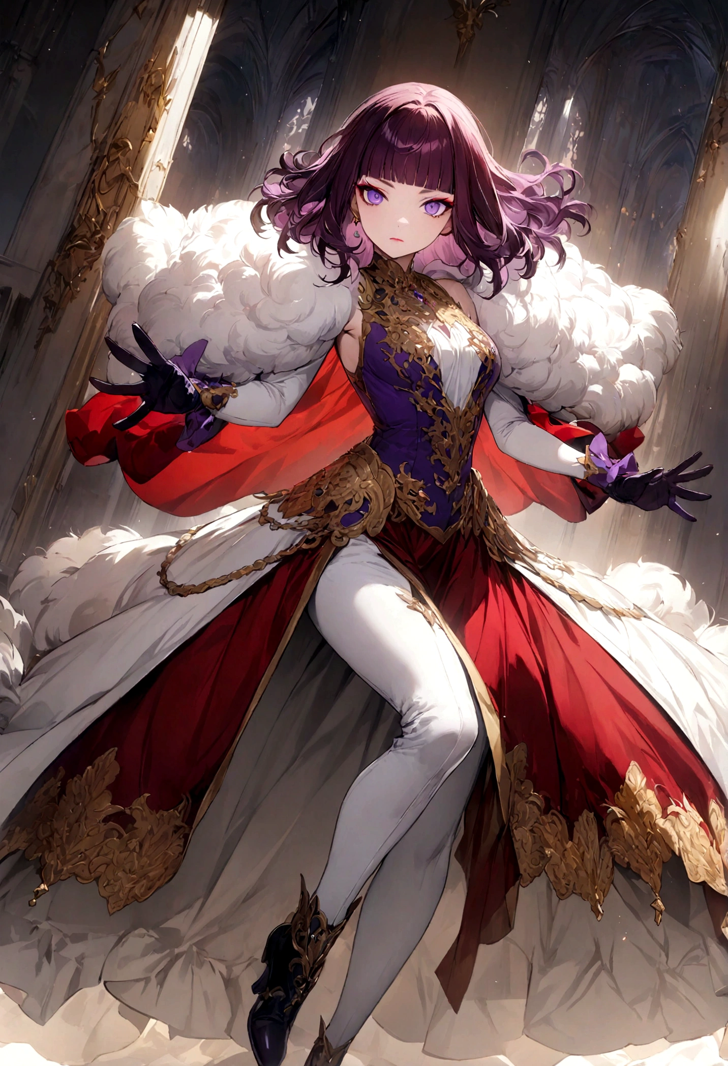 (masterpiece, top quality, best quality, official art:1.2, detailed:1.2)(original design:1.3),(consistent outfit:1.2), 1girl, (half body), simple background, solo,fantasy, (masterpiece), best quality, expressive eyes, perfect face, (dynamic pose), (full body), adult, dark red ombre hair, (short fluffy hair), ((purple eyes)), ((royal clothing)), (graceful), dress, gloves, lace, intricate clothing, ornate clothing, (makeup), ((hime bangs)),