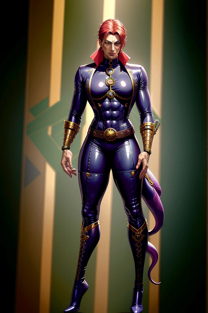 Crie um homem, que tem o poder das serpentes, muito poderoso, usando um uniforme steampunk de serpente, similar to a Marvel super villain, aparecendo de corpo inteiro nessa imagem, 8k, melhor qualidade, He's fighting in the destroyed city in the morning.