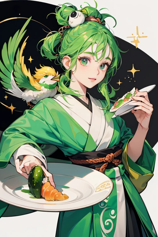 Kappappatchi has green skin, small dark eyes, and a large yellow beak. sHe has a scarf made of kanpyo tied around her neck and a plate of sushi on top of her head.
Modeled to look like a Kappa from Japanese folklore, Kappappatchi has a sara (dish or plate) on her head with a serving of cucumber sushi, which they are known for liking cucumbers. When happy, pickled ginger appears on the side of the plate. SPARKLE; GLITTER