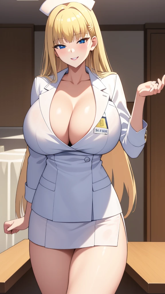 (highest quality:1.5, High resolution, 超High resolution, 4K, Detailed lighting, Shaders, Perfect Hand Anatomy), Blonde Straight Hair, Big Breasts, Nurse uniform, Cleavage, Thighs, smile, throw, Close-up shot, Are standing, Hospital Background