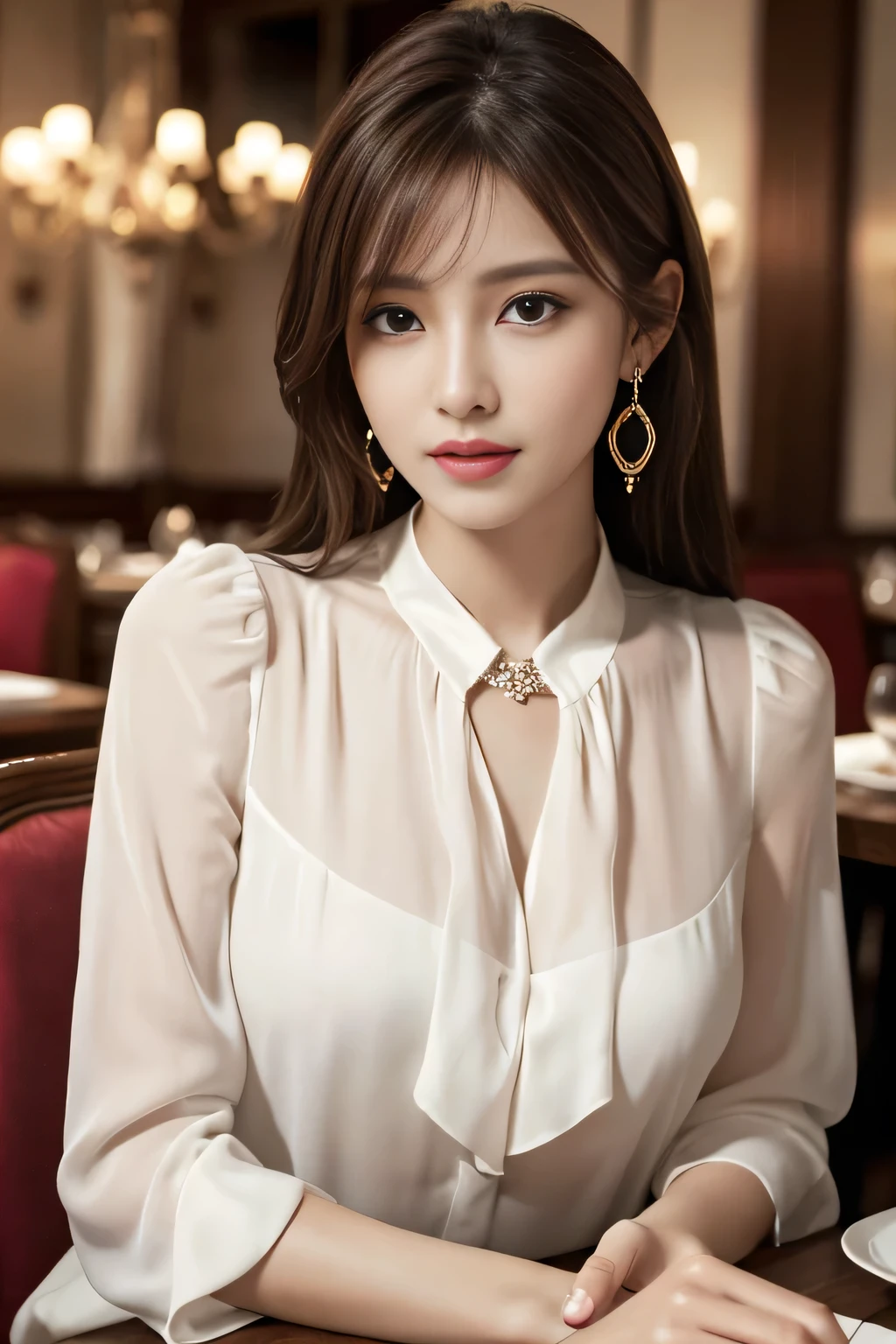 masterpiece, highest quality, Realistic, Very detailed, Finer details, High resolution, 8k wallpaper, One beautiful woman, Wear an elegant white see-through blouse, In a great restaurant, At night, Light brown messy hair, Perfect dynamic composition, Beautiful and beautiful eyes、Big earrings、Sitting in a chair、
