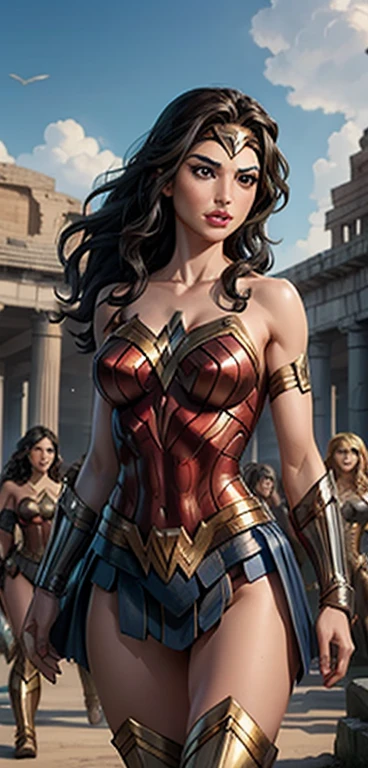 Gal Gadot as Wonder Woman standing in front of a temple full of Amazons,Surrounded by Amazon warriors in the coliseum with lions