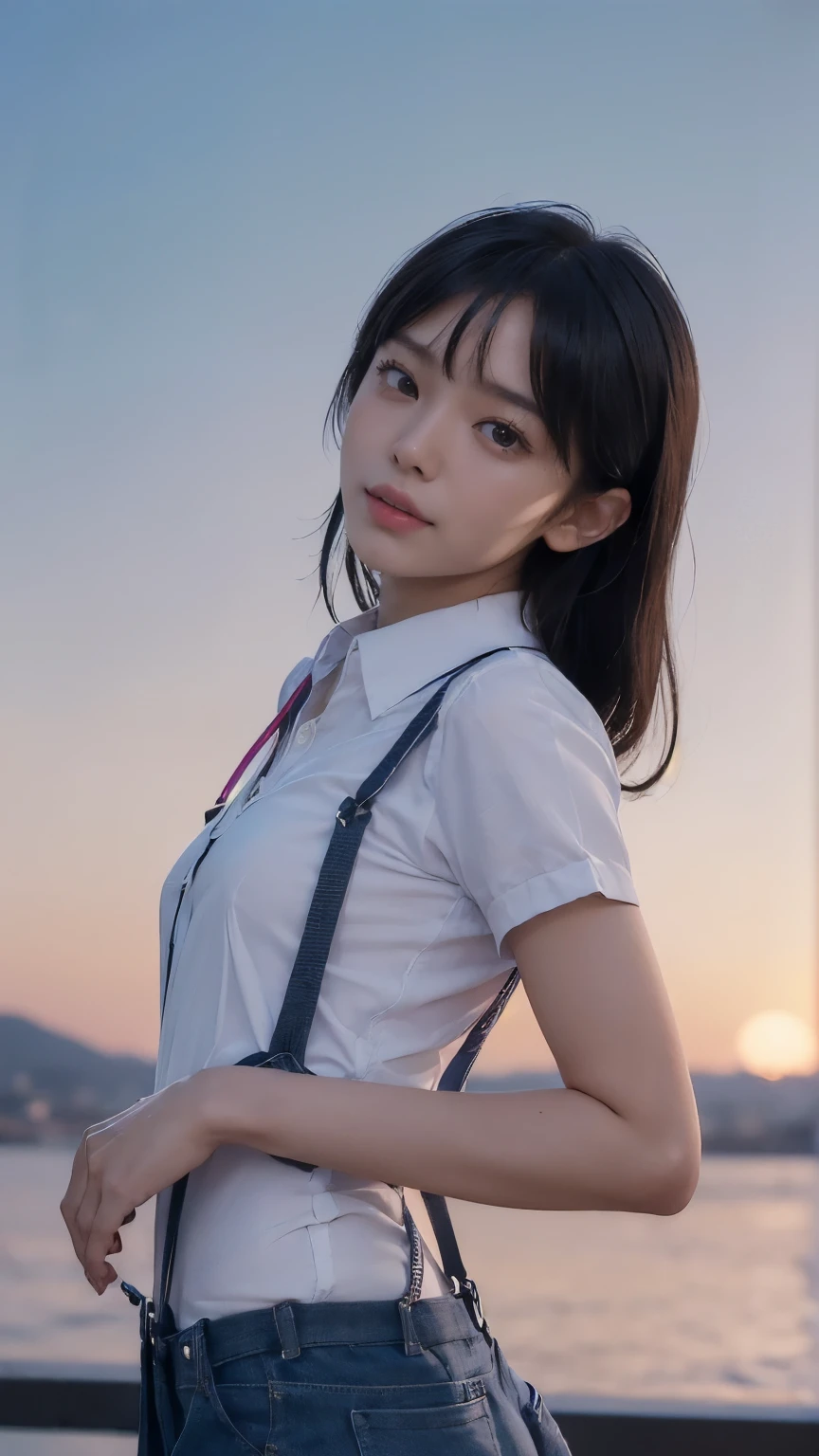 ((Face the front of your body at the camera:2.0)), ((Collared shirt:2.0, suspenders:2.0)), (Clothing:2.0, Skinny jeans:2.0, suspenders under Collared shirt:2.0, A bow tie:1.2, sneakers:1.5), ((A grin:1.2, Small breasts:1.5, slender:1.5, Small Ass:1.5)), ((Japanese, 1 Girl, 18-year-old, 7 heads, Ideal body proportions, Black Hair, With bangs, Small breasts, Erect nipples, slender, Small Ass, Beautiful feet, Skinny Legs)), Surrealism, Cinematic Lighting, Depth of written boundary, First Person View, Boobs F/1.8, 135mm, Ticker, Mastepiece, Curate, ((Anatomically correct:1.3)), Textured skin, Super Detail, High detail, High quality, Awards, Best Quality, High resolution, 8K